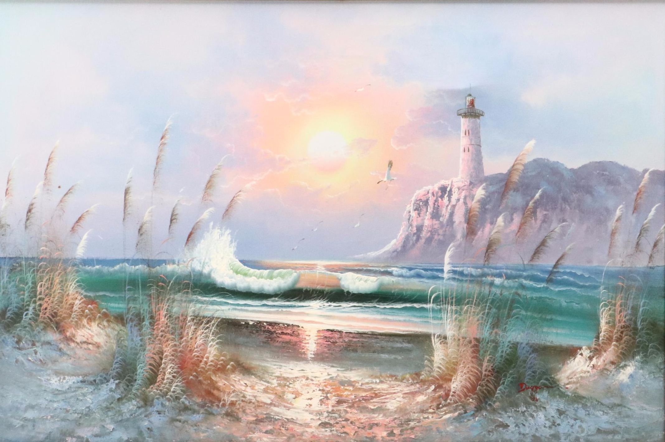 B. Duggan Seascape Oil Painting of Lighthouse, Late 20th Century