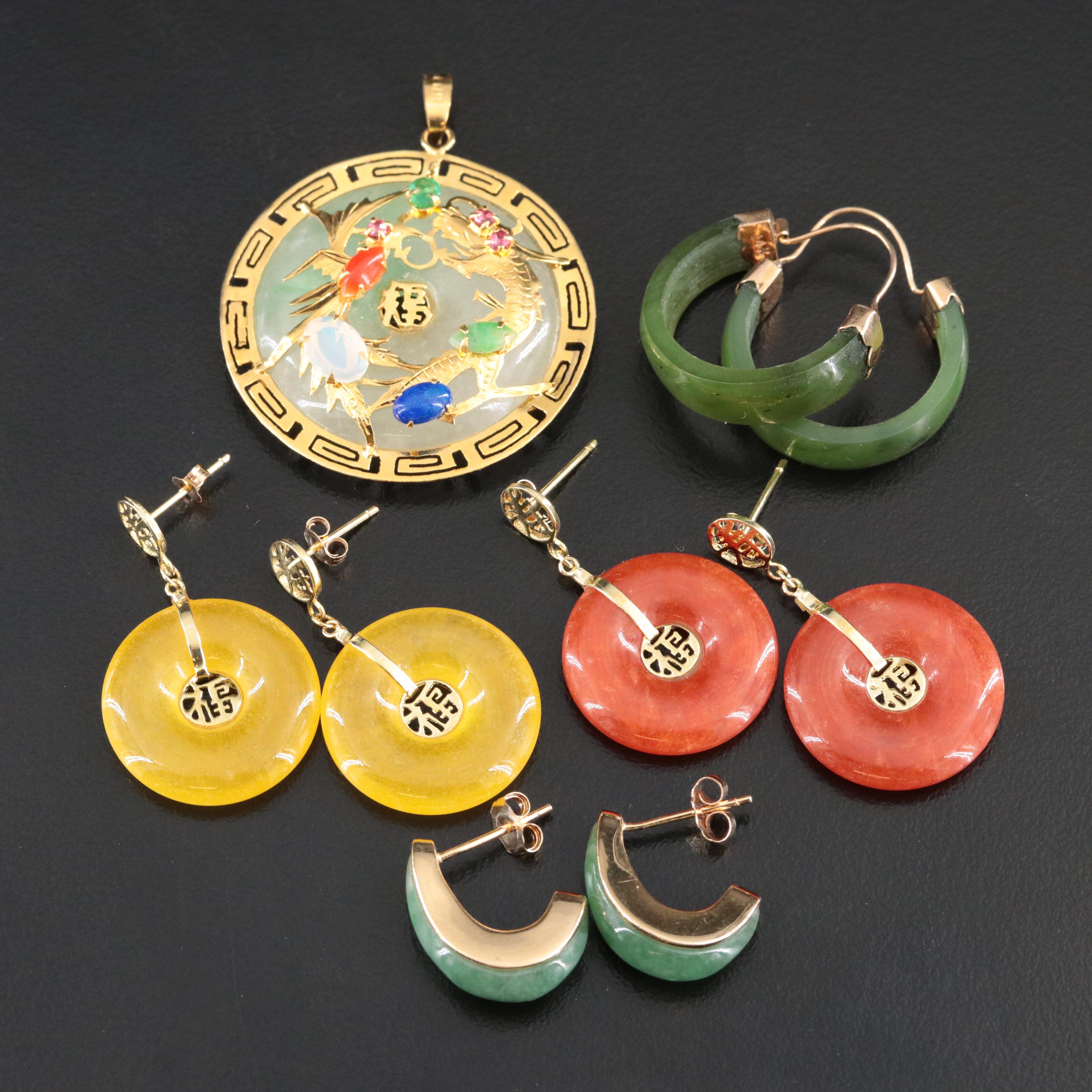 Jadeite Featured in Collection of Chinese 10K and 14K Earrings with 18K Pendant