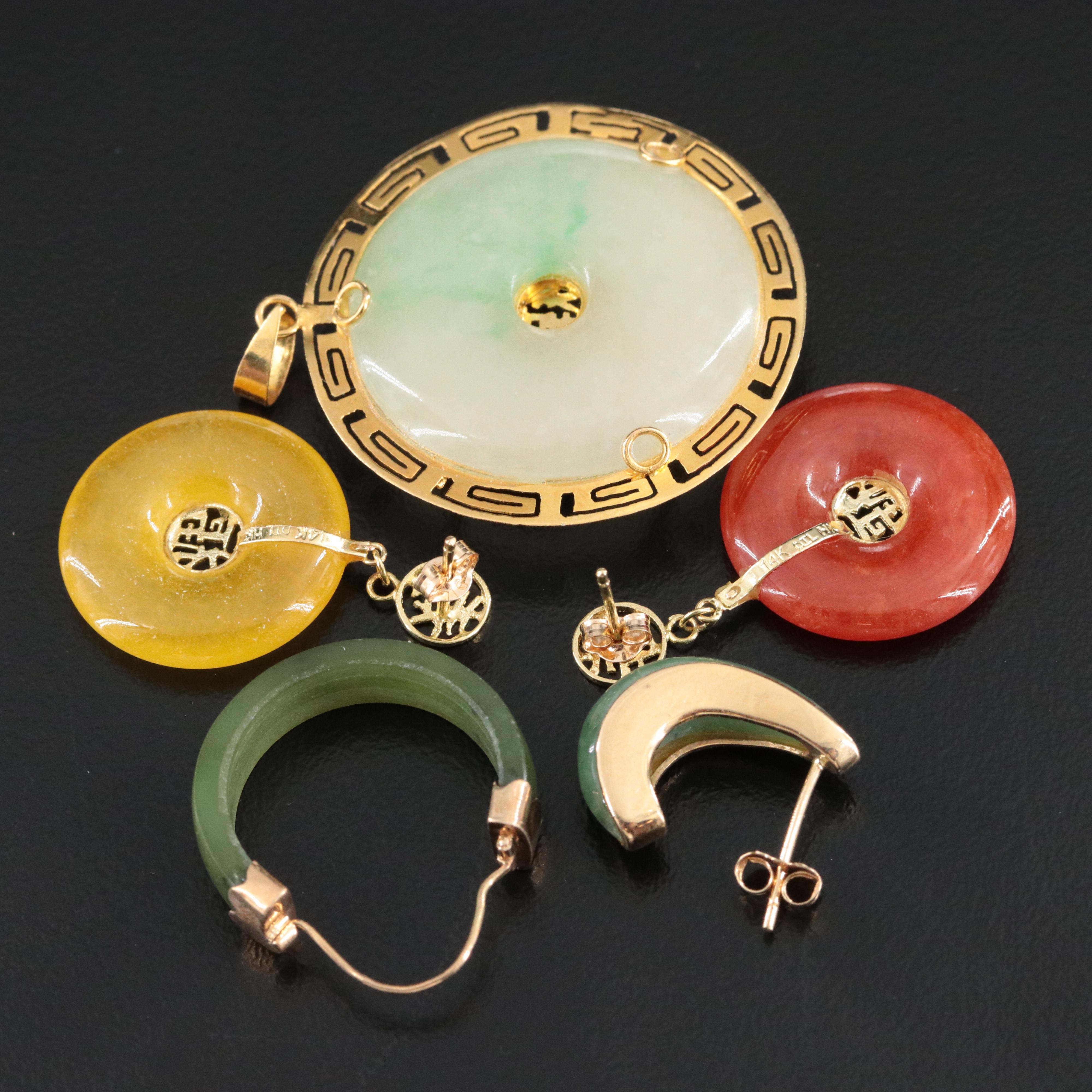 Jadeite Featured in Collection of Chinese 10K and 14K Earrings with 18K Pendant