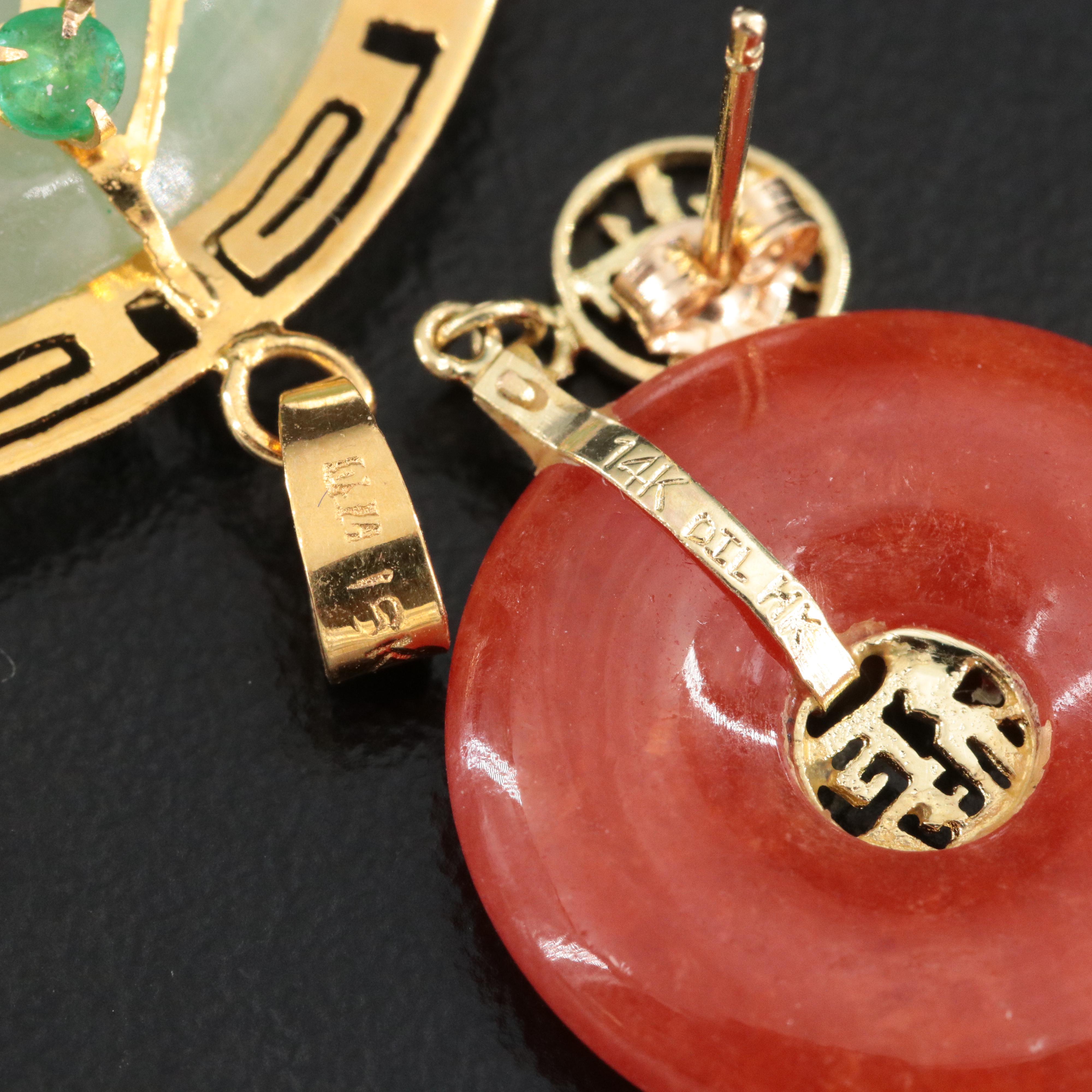 Jadeite Featured in Collection of Chinese 10K and 14K Earrings with 18K Pendant