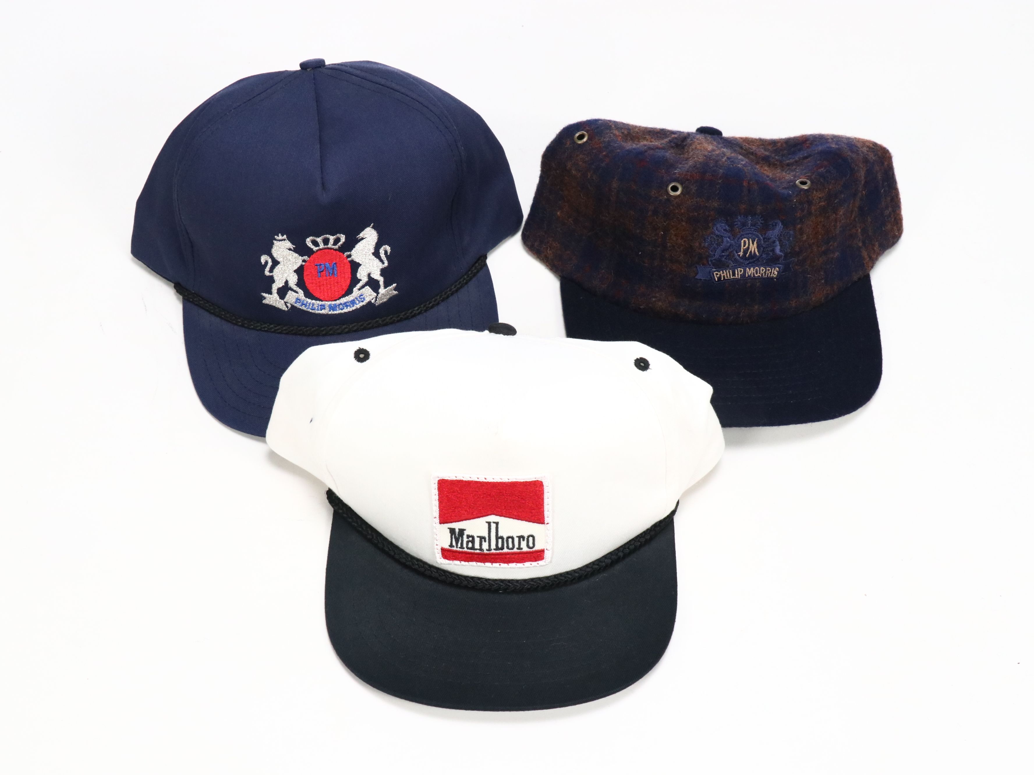 Assorted Baseball Caps and Wooden Display Featuring Marlboro, NASCAR