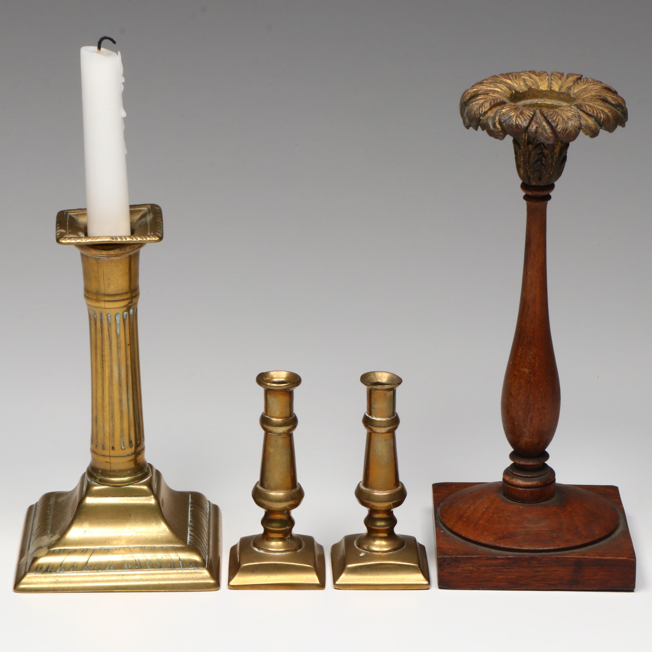 Regency Style Giltwood Candlestick with Brass Snuffers, Chamberstick and More