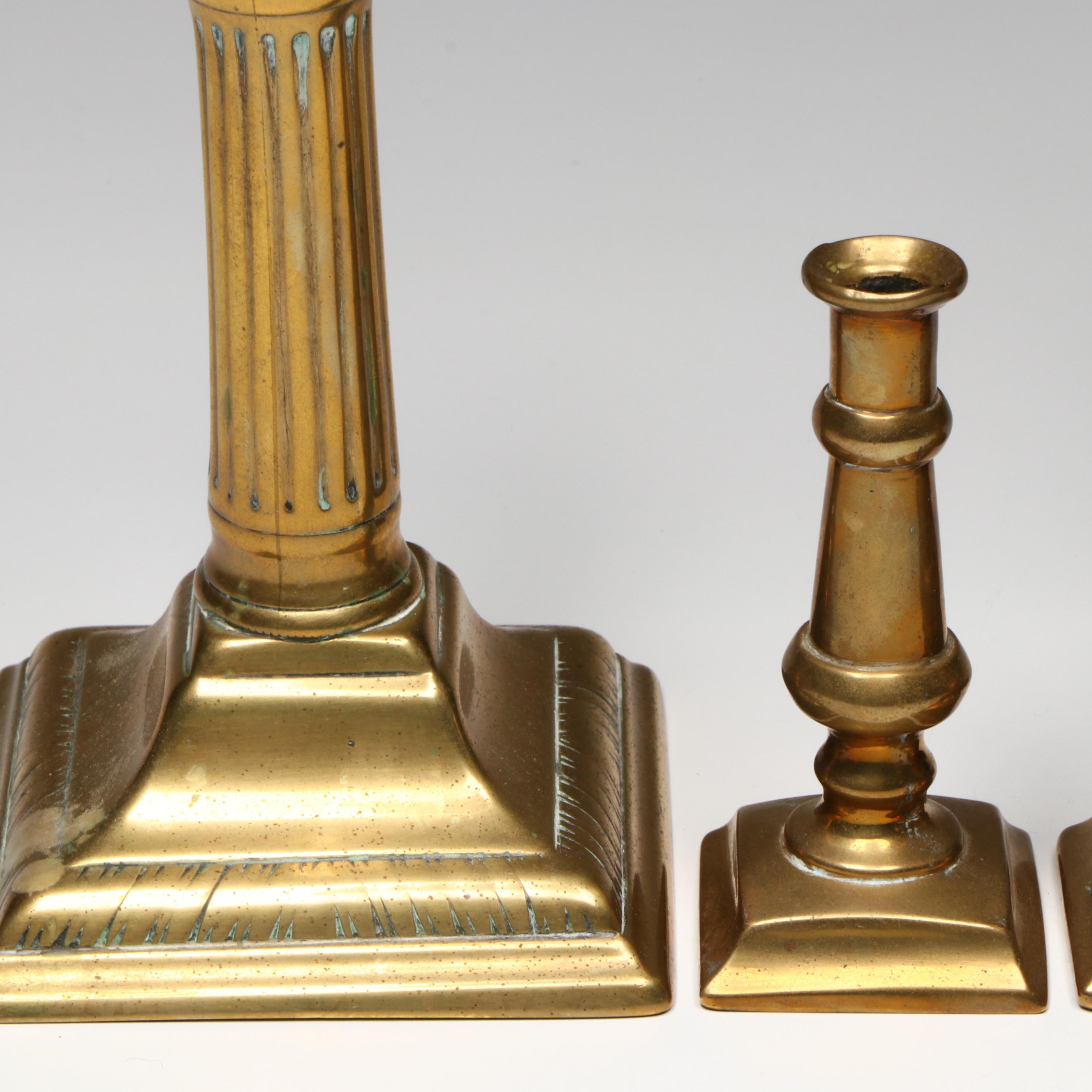 Regency Style Giltwood Candlestick with Brass Snuffers, Chamberstick and More