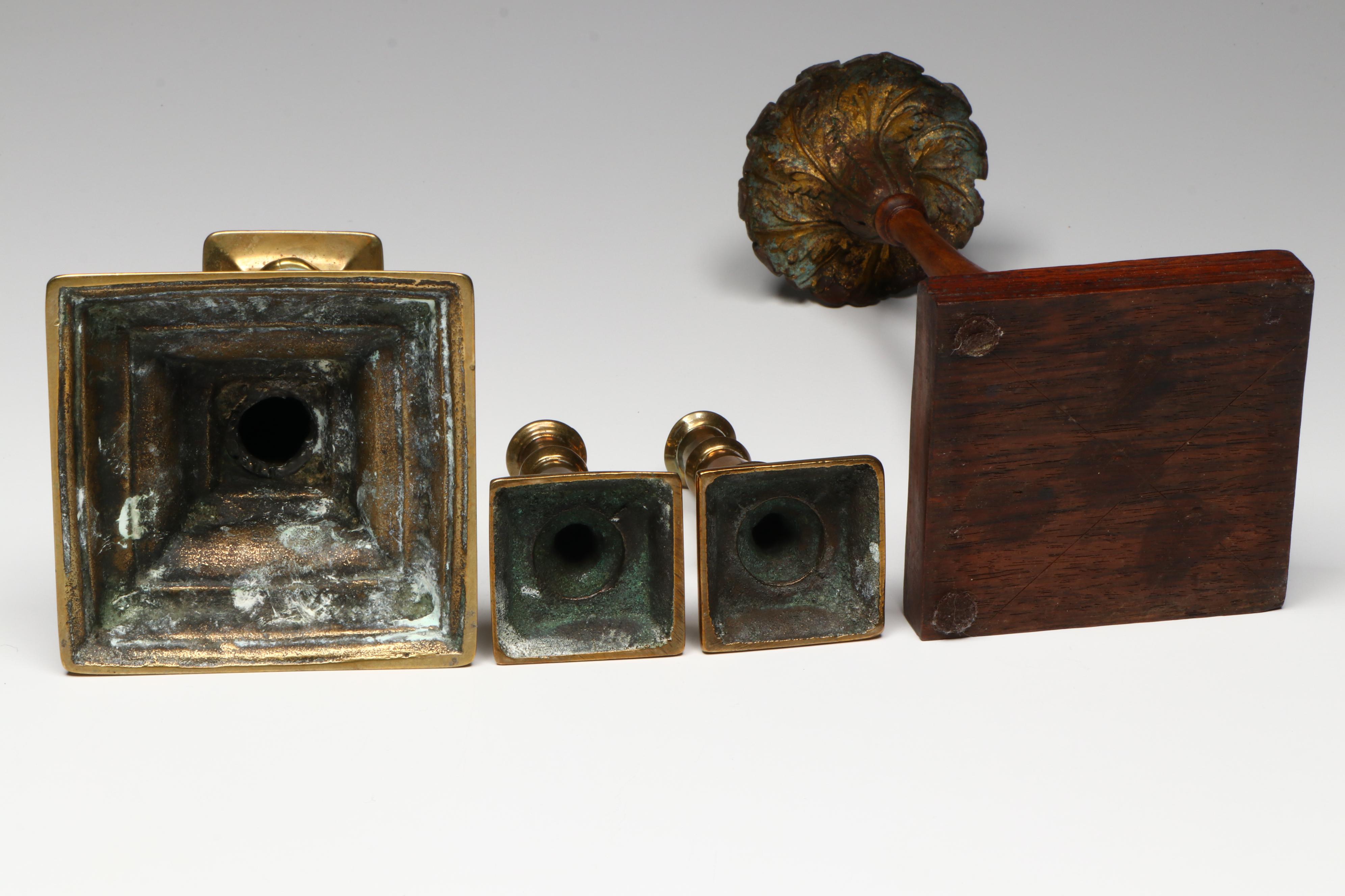 Regency Style Giltwood Candlestick with Brass Snuffers, Chamberstick and More