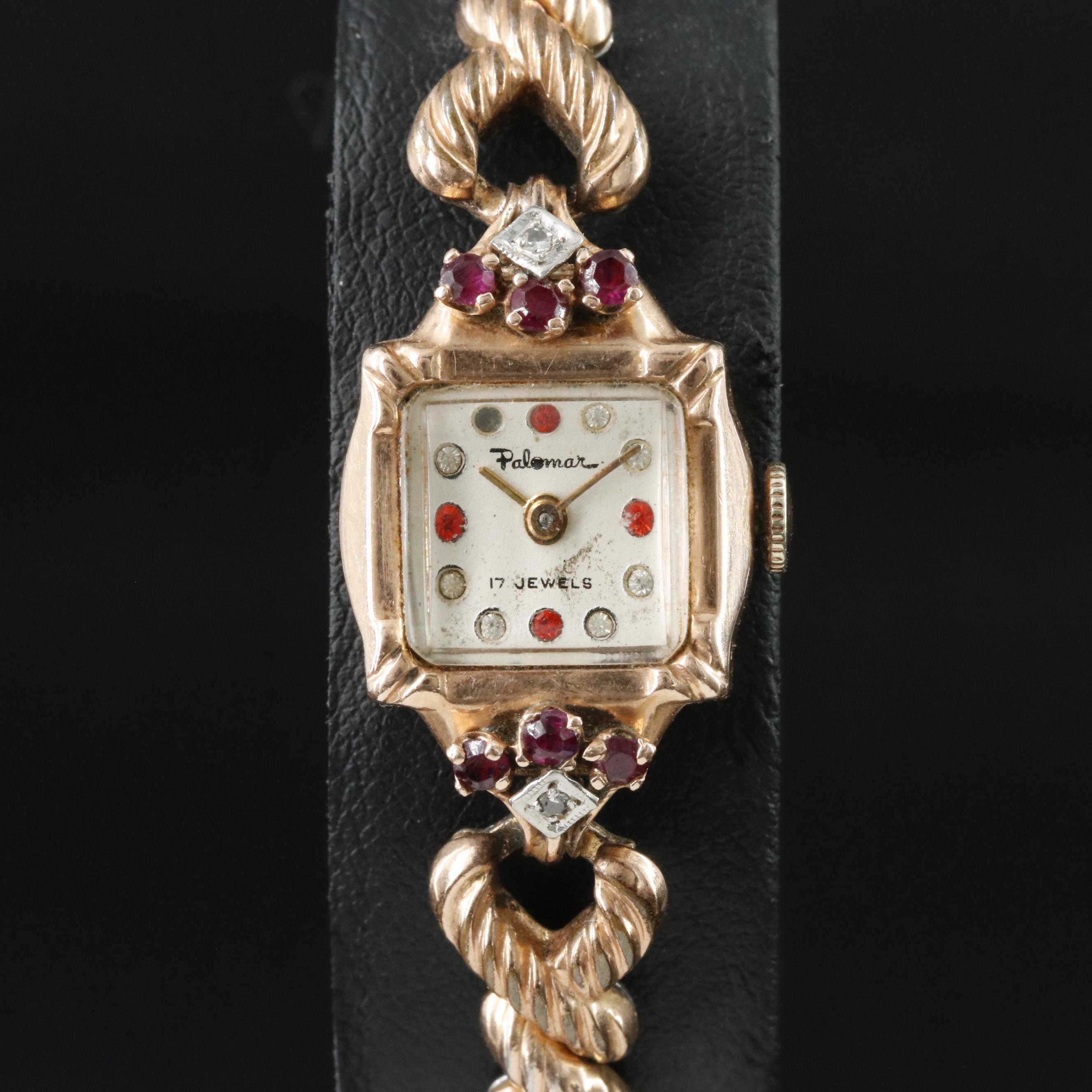 14K Palomar Ruby and Diamond Stem Wind Watch