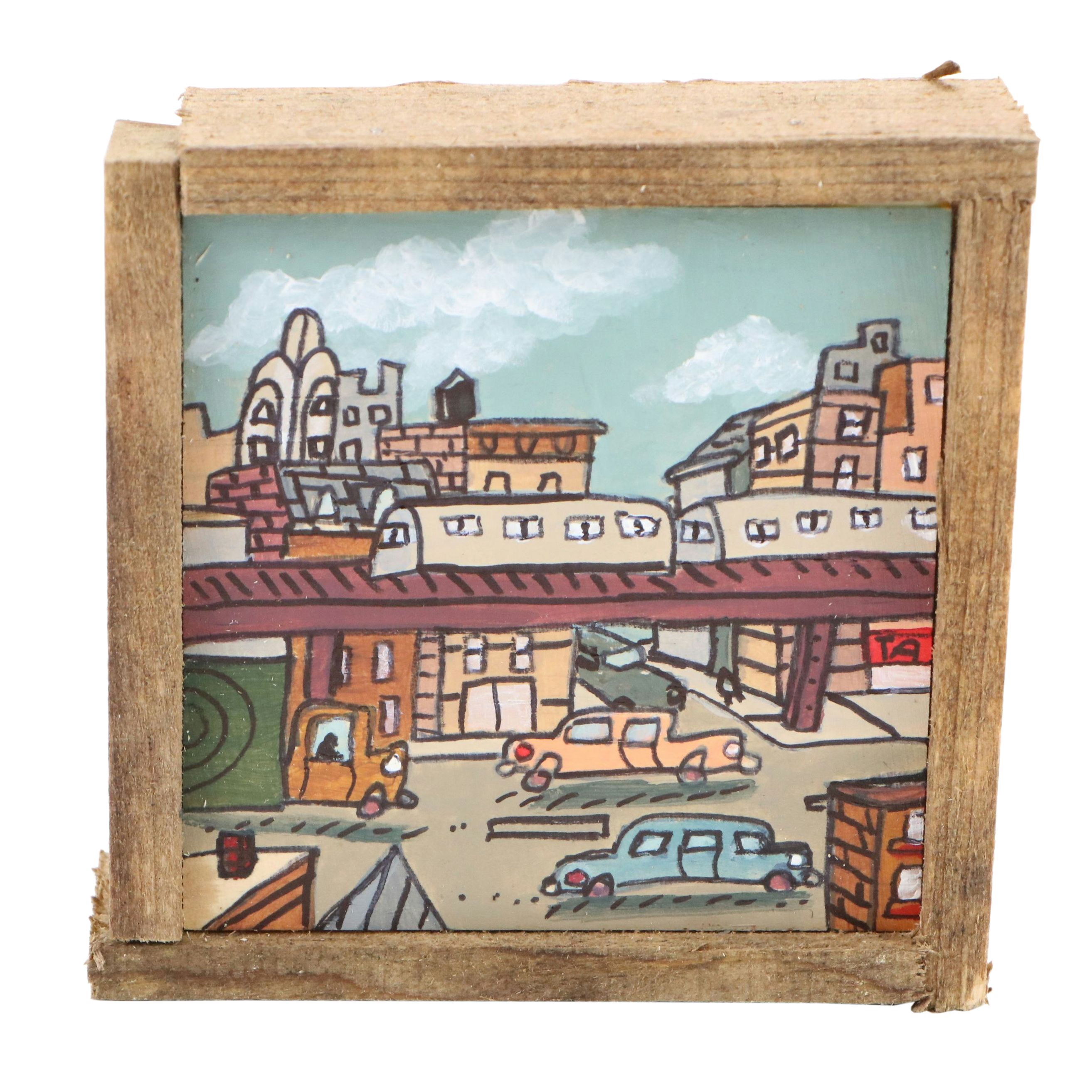 Aaron Wooten Stylized Cityscape Mixed Media Painting "The Brown Line.," 2025