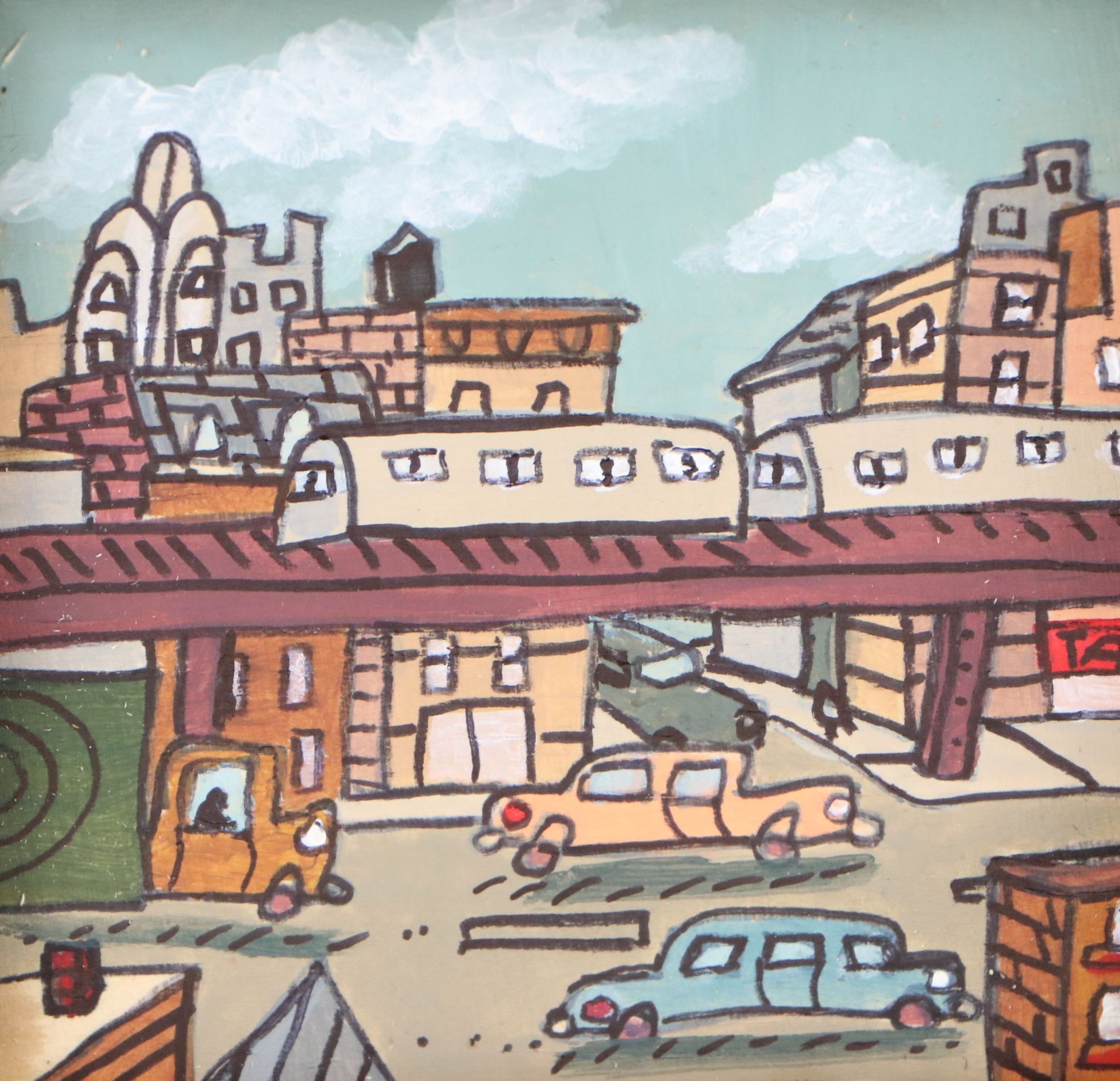 Aaron Wooten Stylized Cityscape Mixed Media Painting "The Brown Line.," 2025