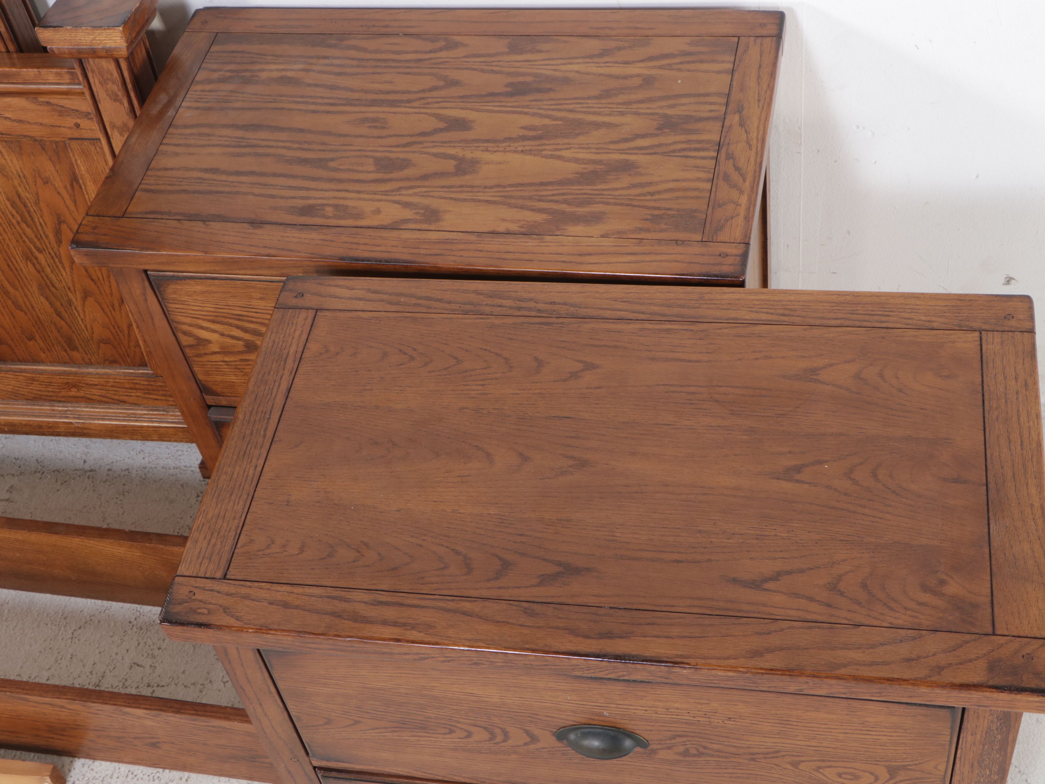 American Signature Craftsman Style Oak Queen Size Bed Frame and Nightstands