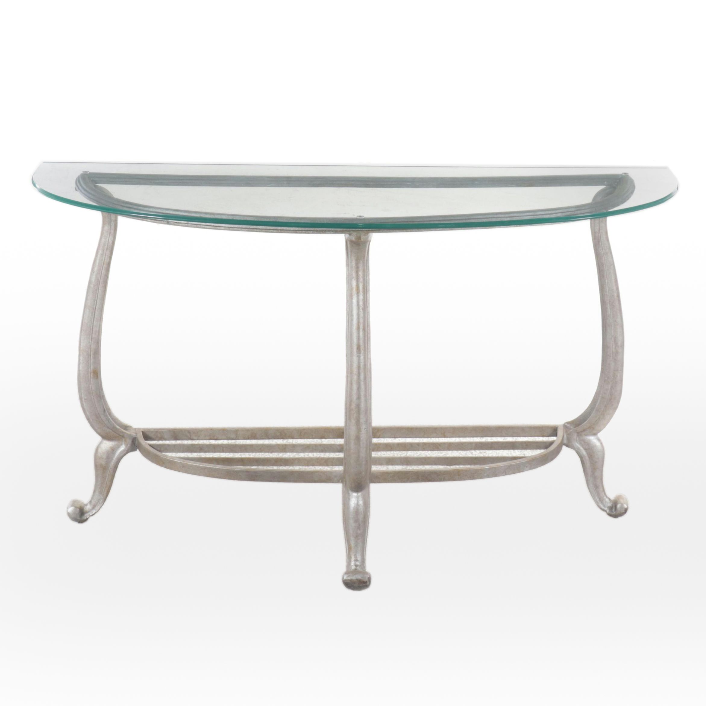 Modernist Metal Glass-Top Demi-Lune Console  Table