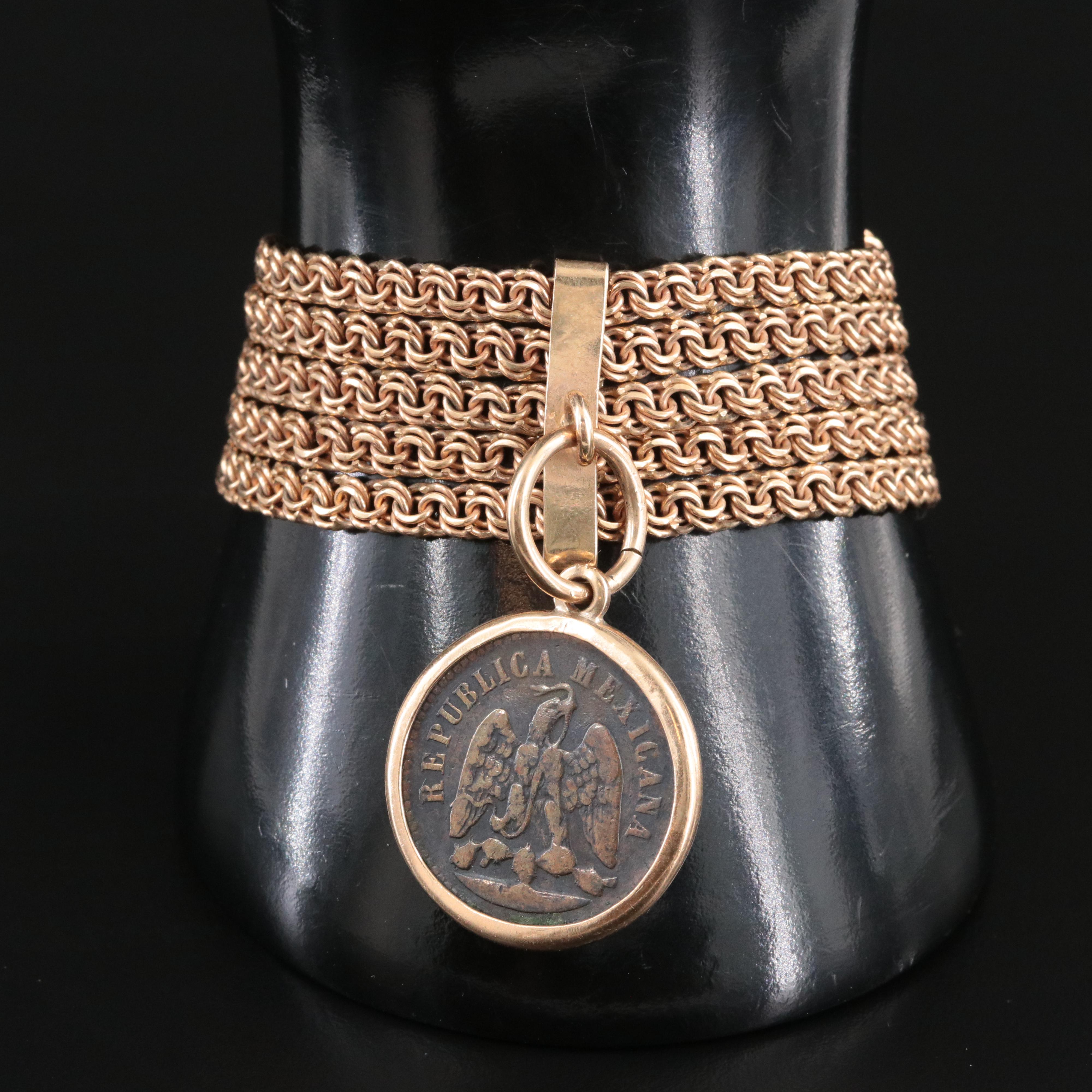 10K Multi-Strand Bracelet 1889 Mexico One Centavo Coin Charm