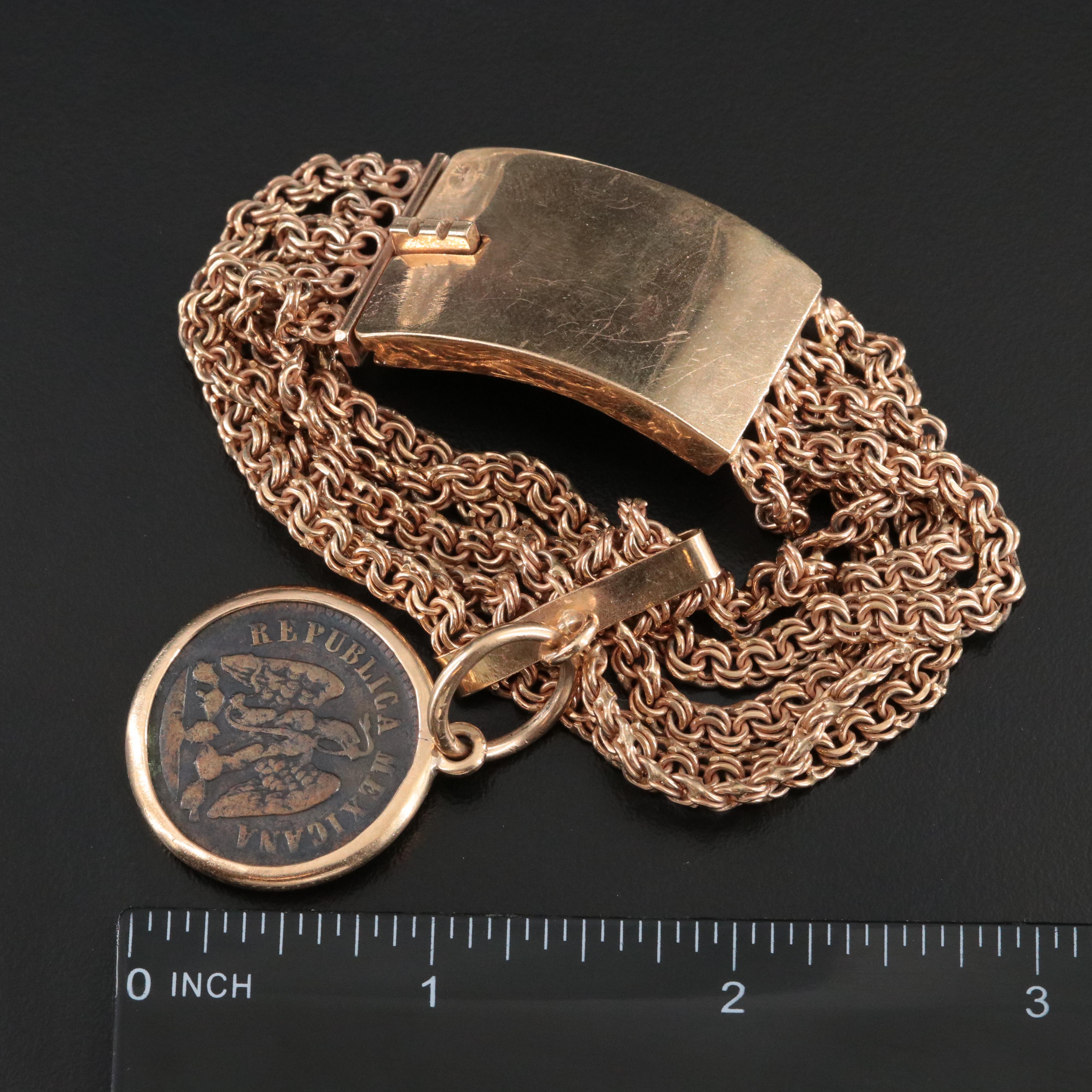 10K Multi-Strand Bracelet 1889 Mexico One Centavo Coin Charm