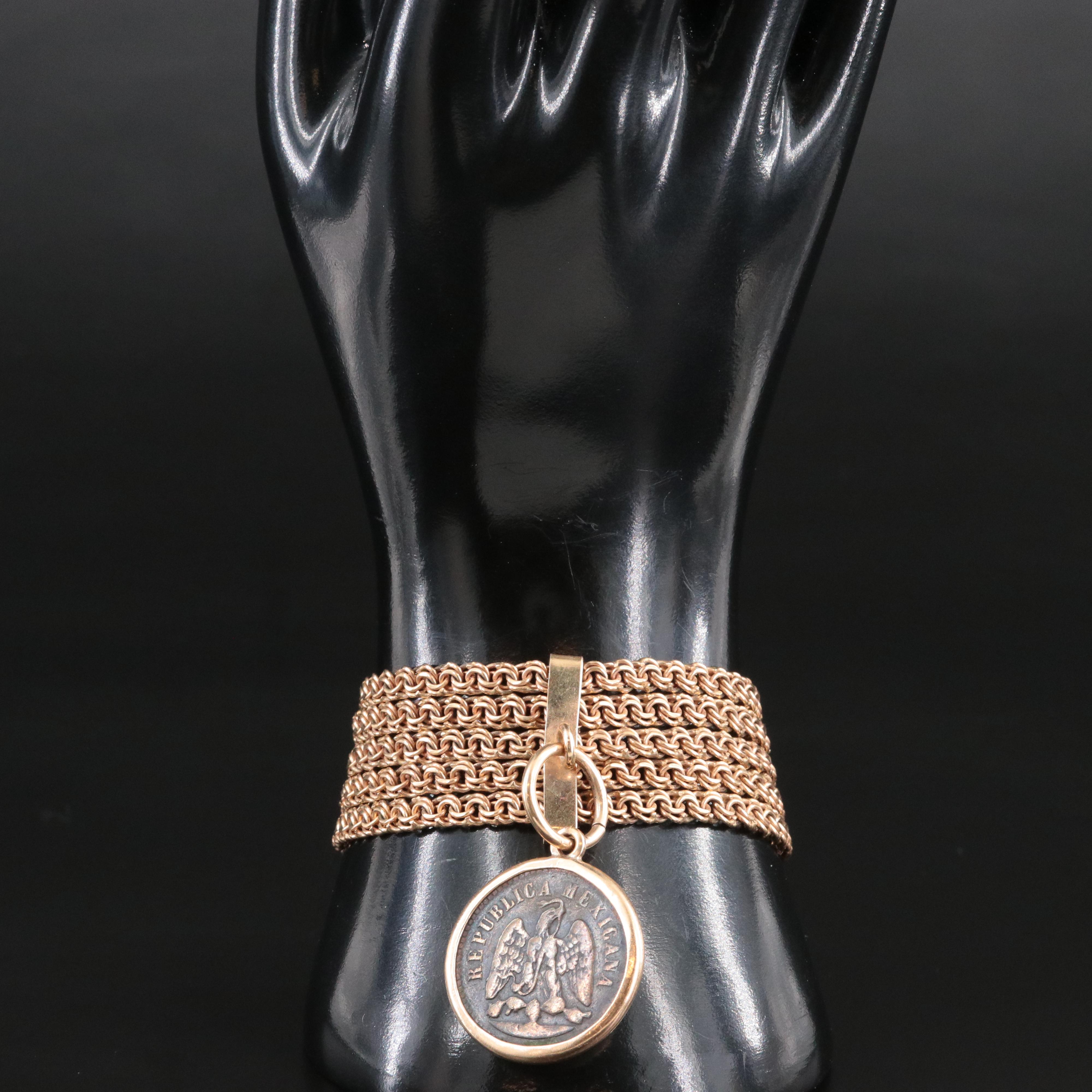 10K Multi-Strand Bracelet 1889 Mexico One Centavo Coin Charm