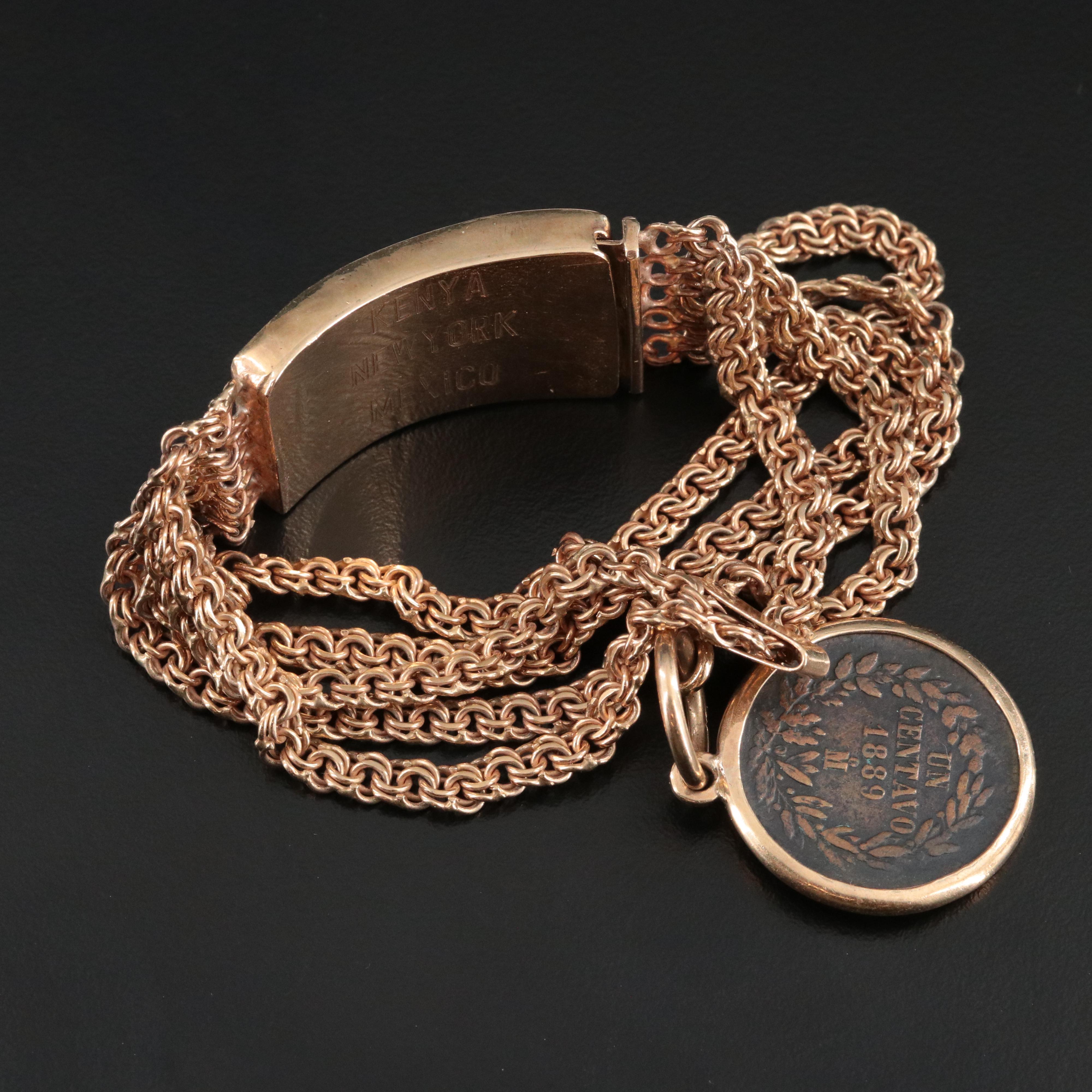 10K Multi-Strand Bracelet 1889 Mexico One Centavo Coin Charm