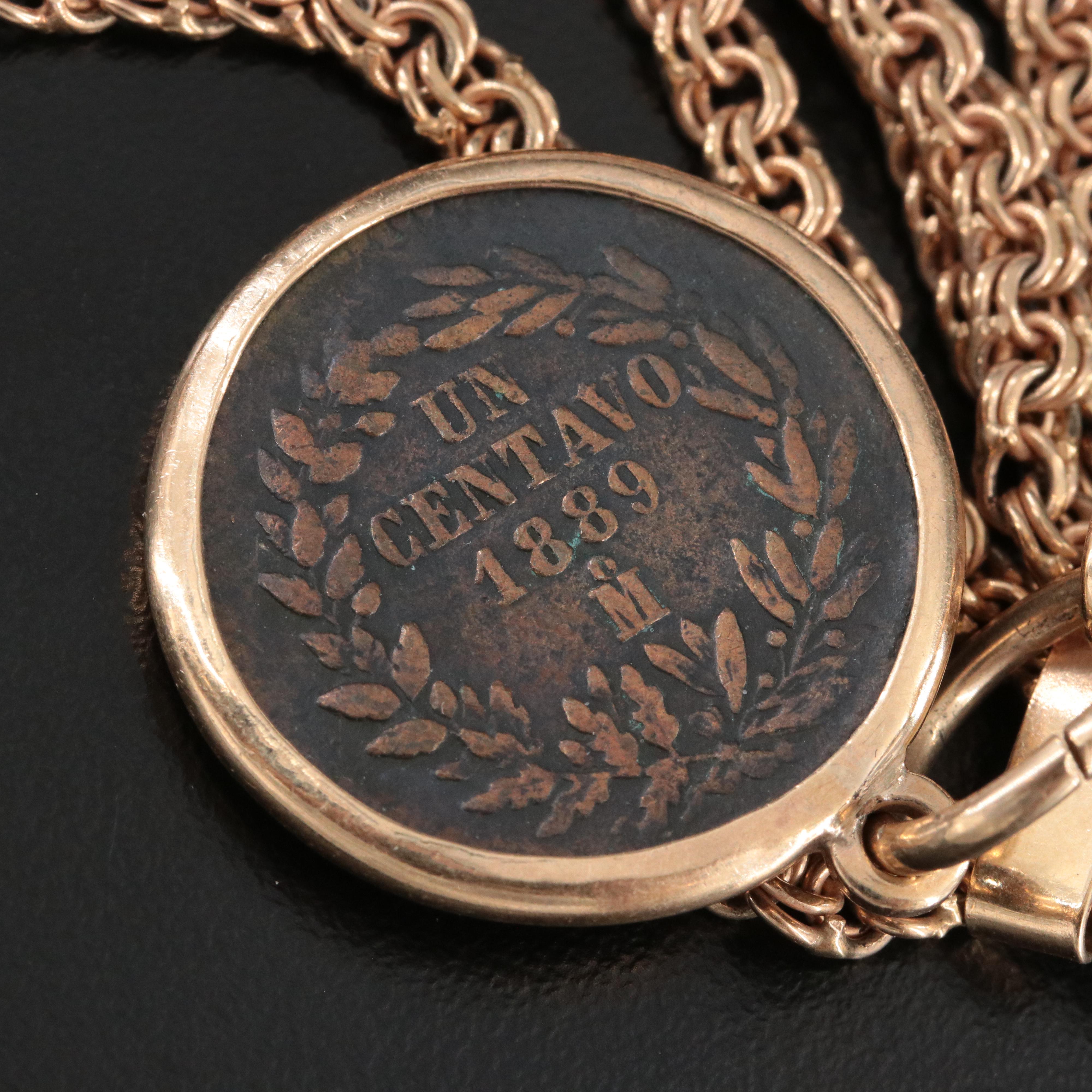 10K Multi-Strand Bracelet 1889 Mexico One Centavo Coin Charm