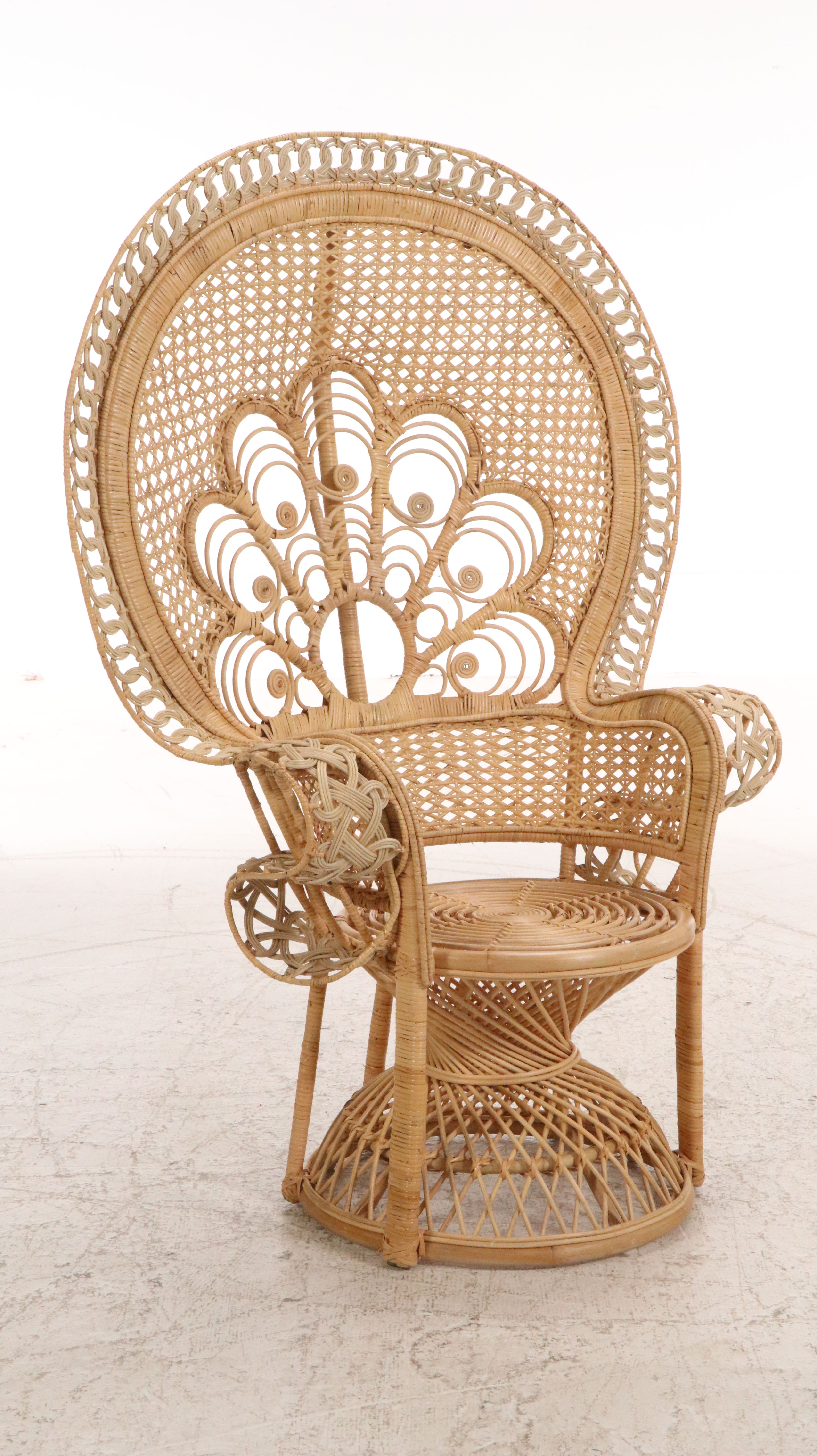 Two Peacock-Back Rattan Wicker Armchairs, Late 20th to 21st Century