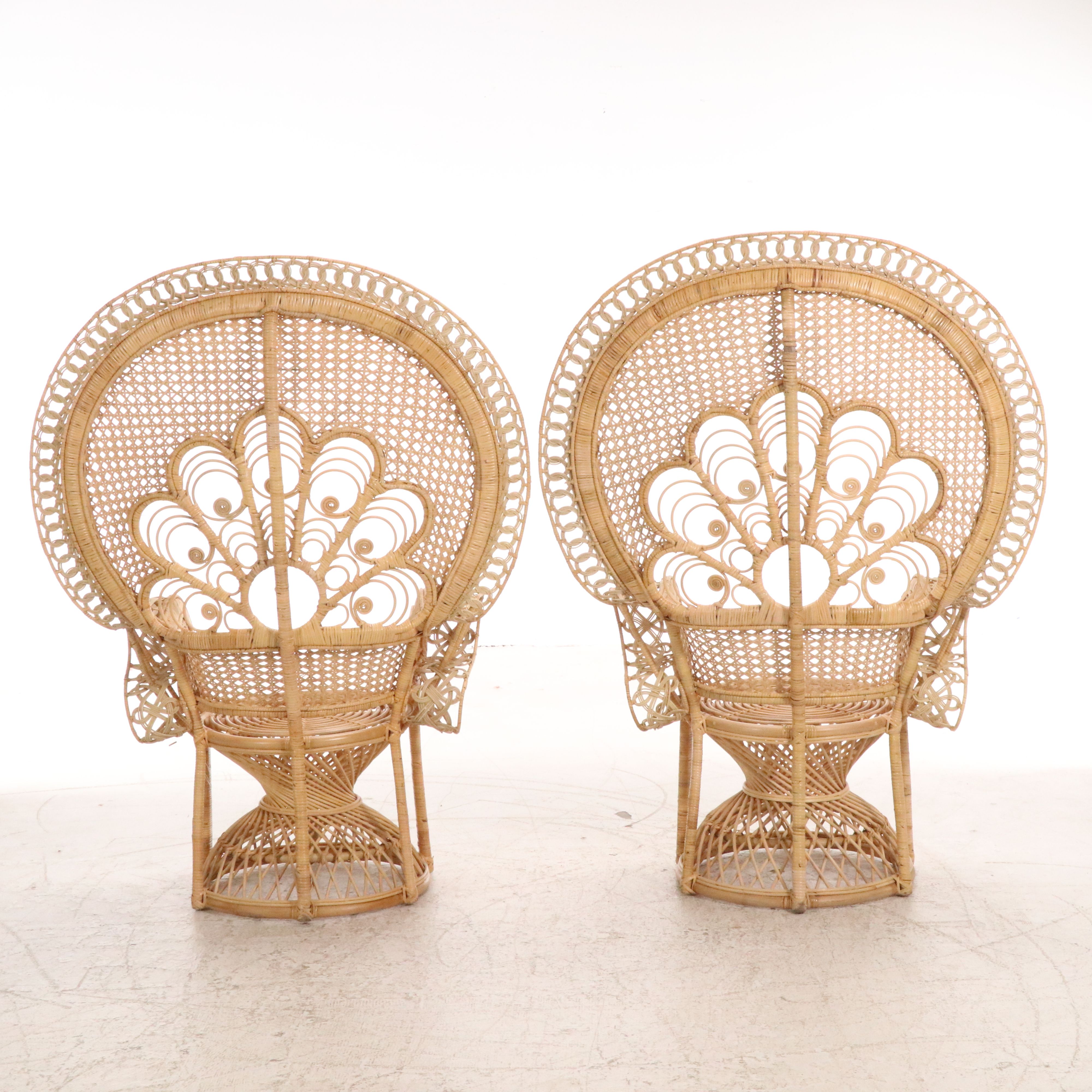 Two Peacock-Back Rattan Wicker Armchairs, Late 20th to 21st Century