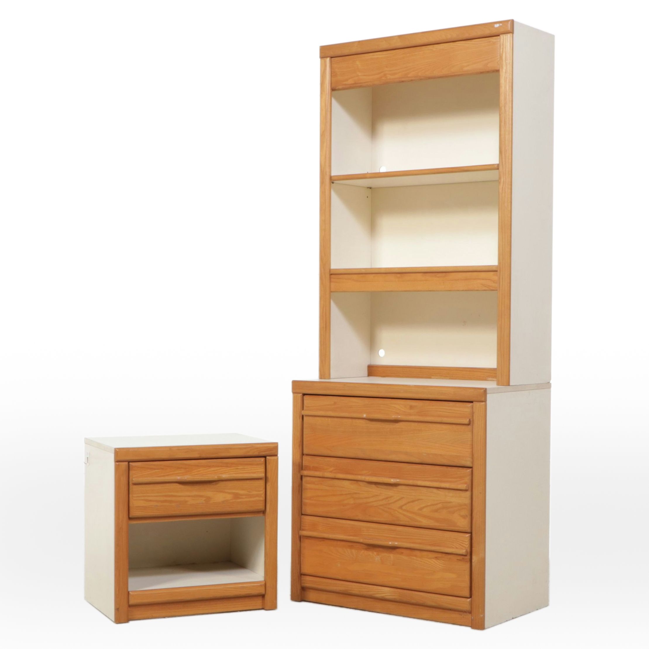 Stanley Furniture Oak and Laminate Chest with Book Shelves and Nightstand, 1986
