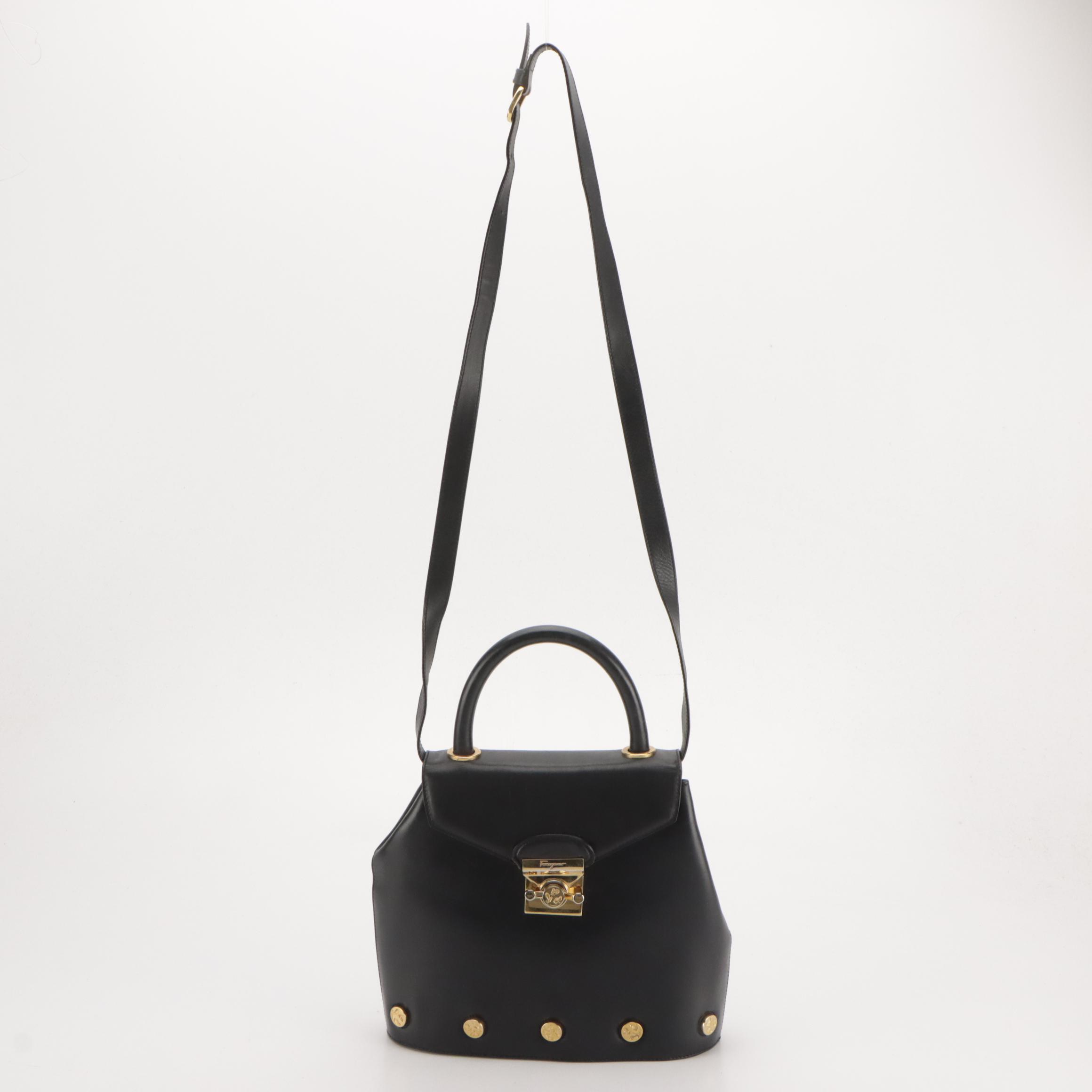 Salvatore Ferragamo Studded Top Handle Two-Way Bag in Midnight Blue Leather