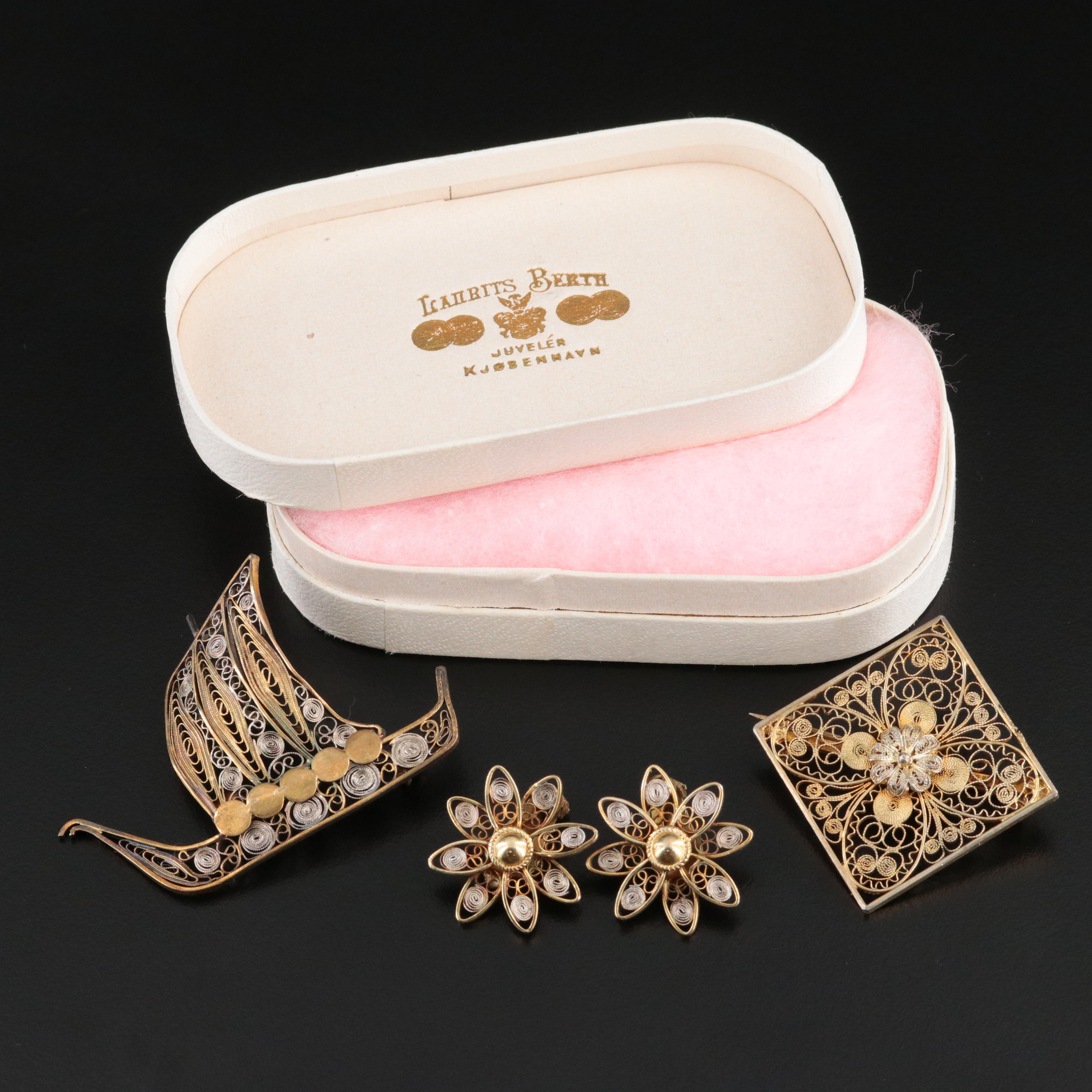 Danish Laurits Berth Sterling Ship & Flower Earrings w/ 800 Silver Brooch