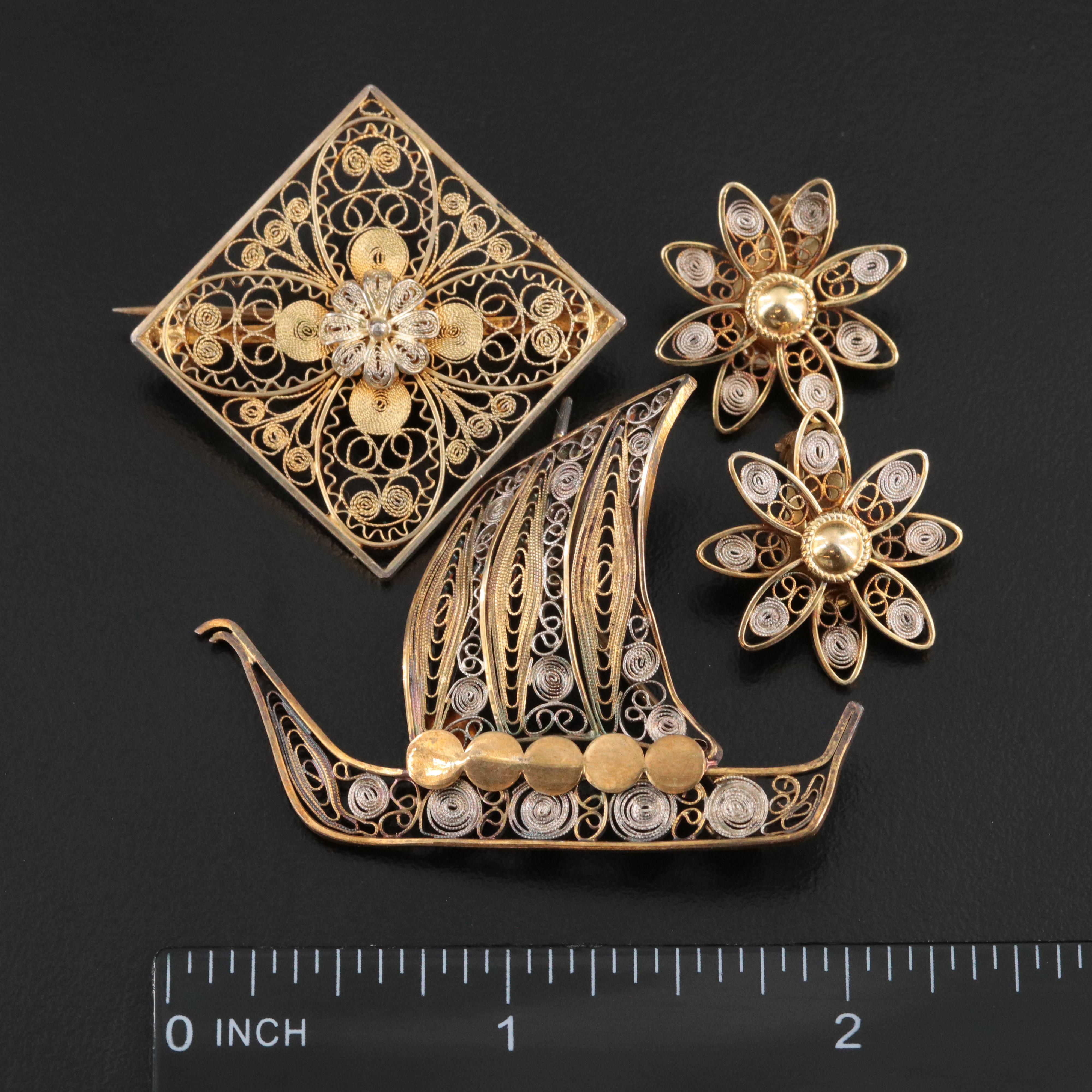 Danish Laurits Berth Sterling Ship & Flower Earrings w/ 800 Silver Brooch