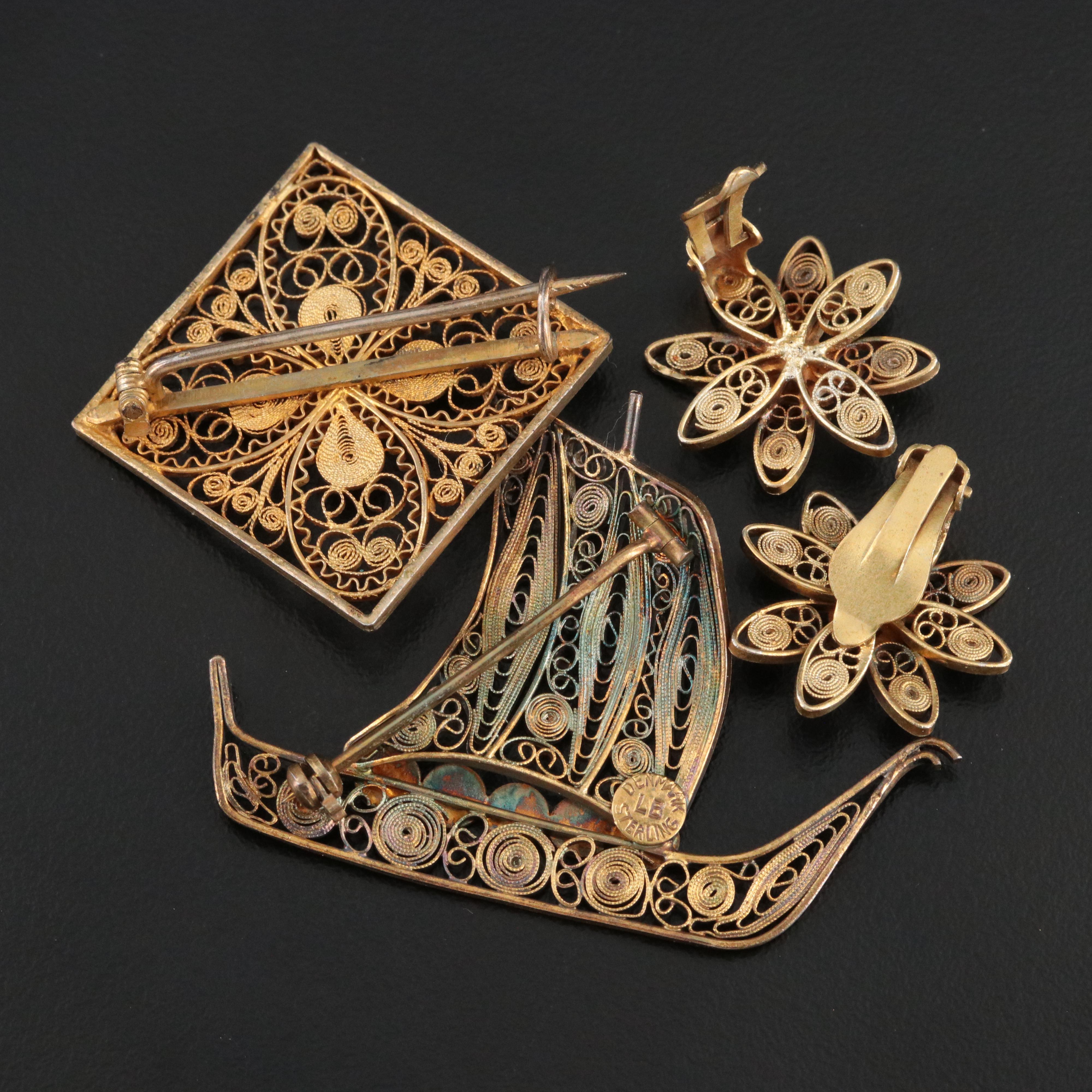 Danish Laurits Berth Sterling Ship & Flower Earrings w/ 800 Silver Brooch