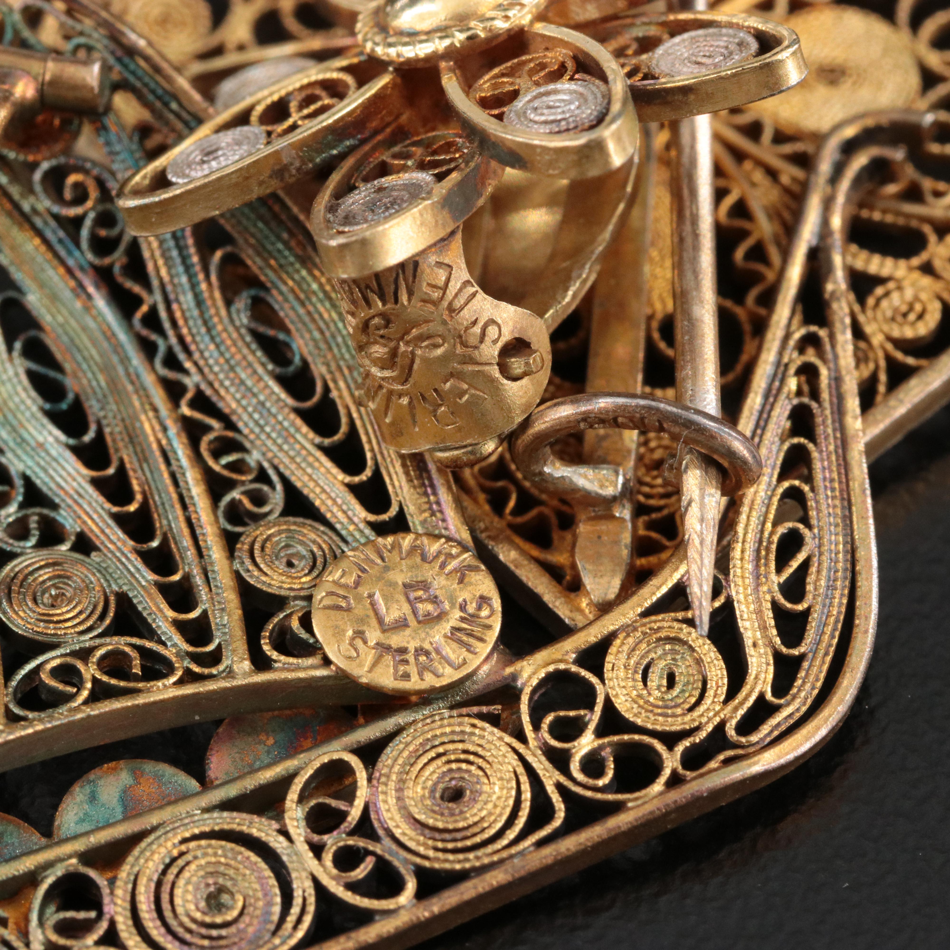 Danish Laurits Berth Sterling Ship & Flower Earrings w/ 800 Silver Brooch