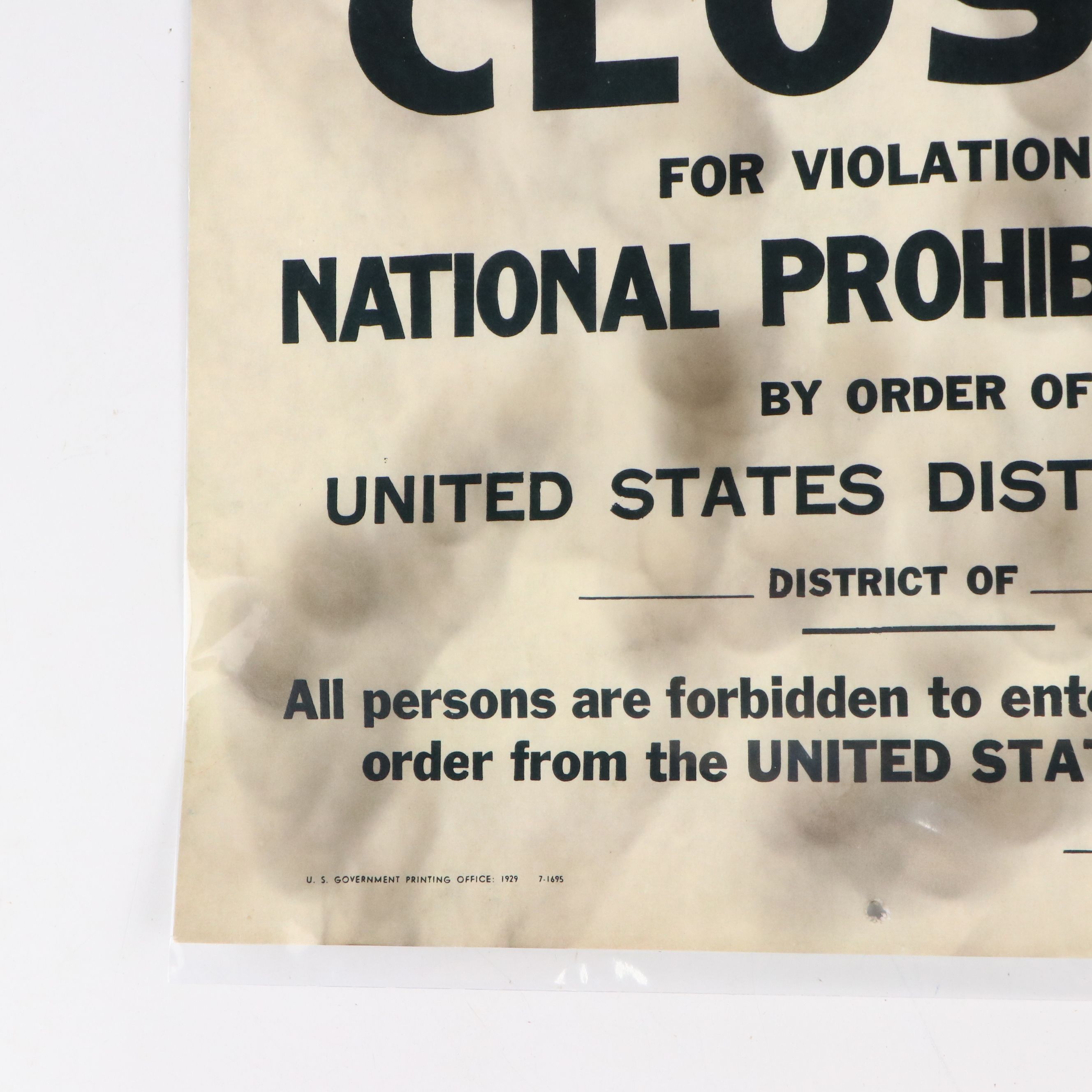 "Closed for Violation of National Prohibition Act" Paper Sign