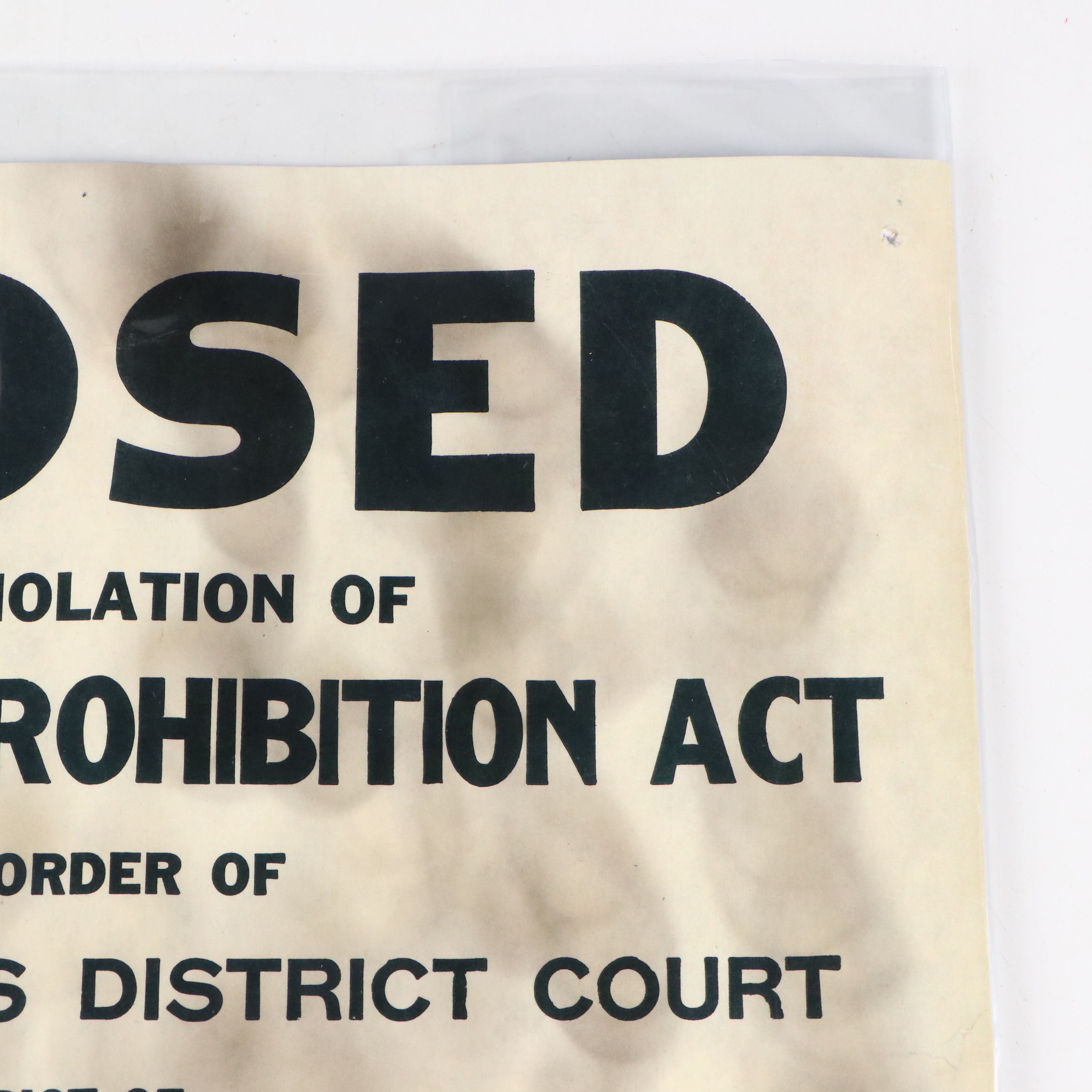 "Closed for Violation of National Prohibition Act" Paper Sign