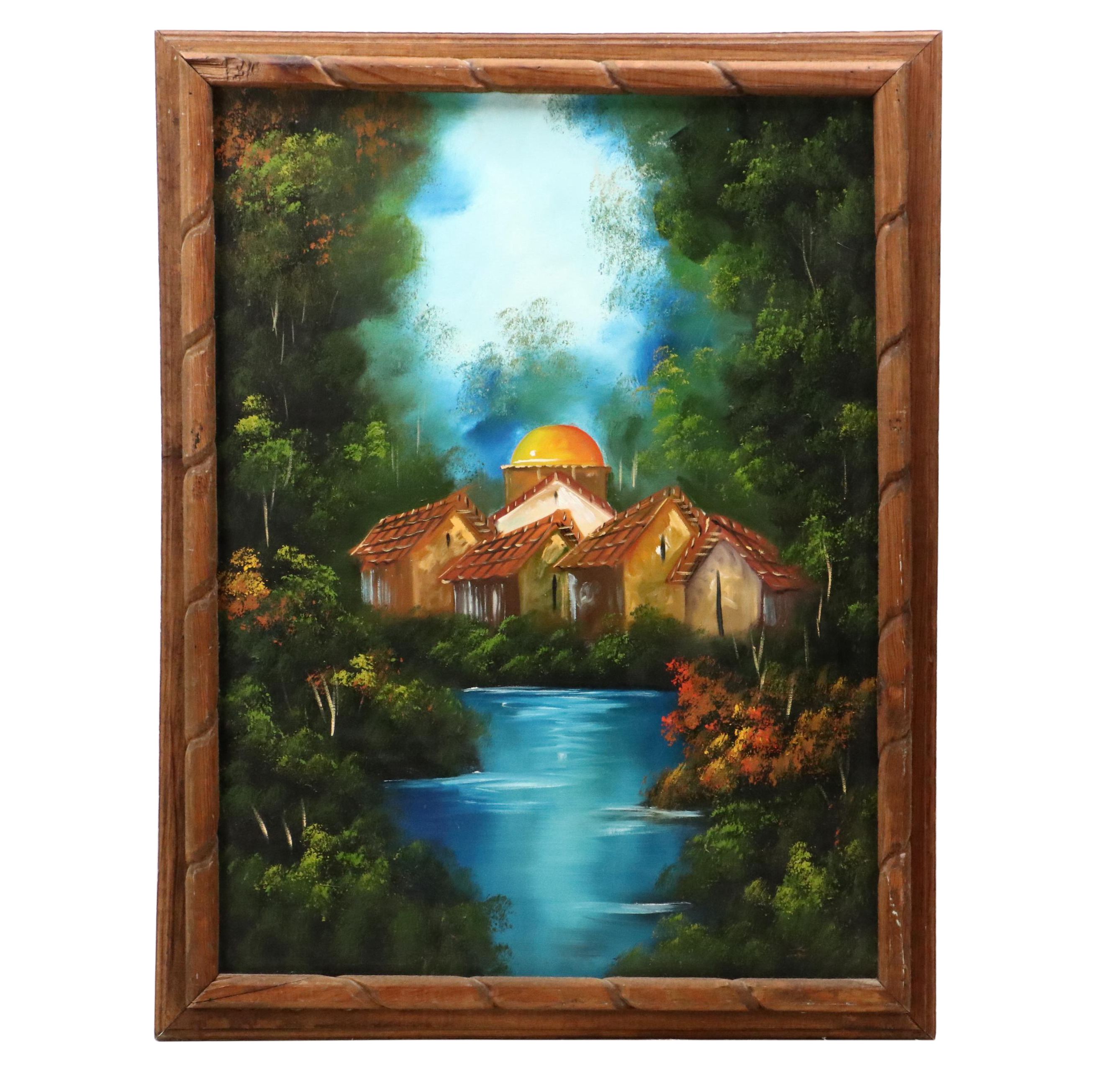 Landscape Oil Painting of Domed Building Near Pond