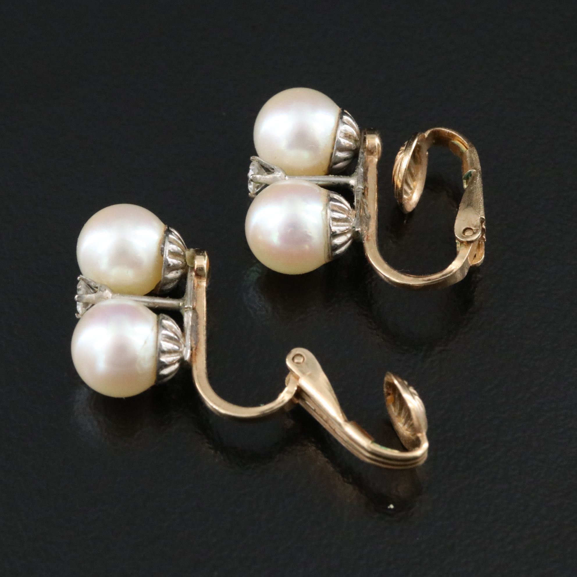 Vintage 10K and 14K Pearl and Diamond Clip Earrings
