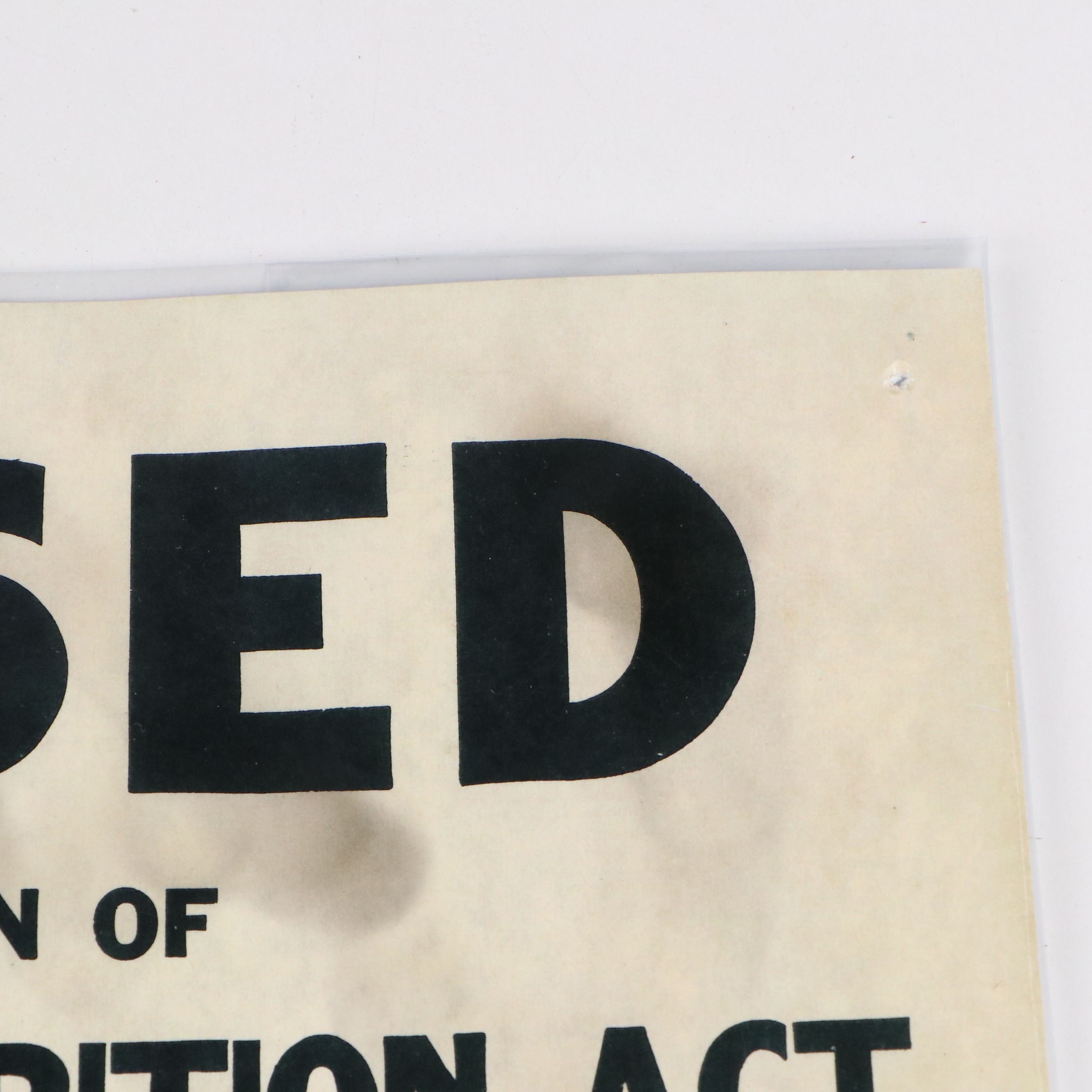 "Closed for Violation of National Prohibition Act" Paper Sign
