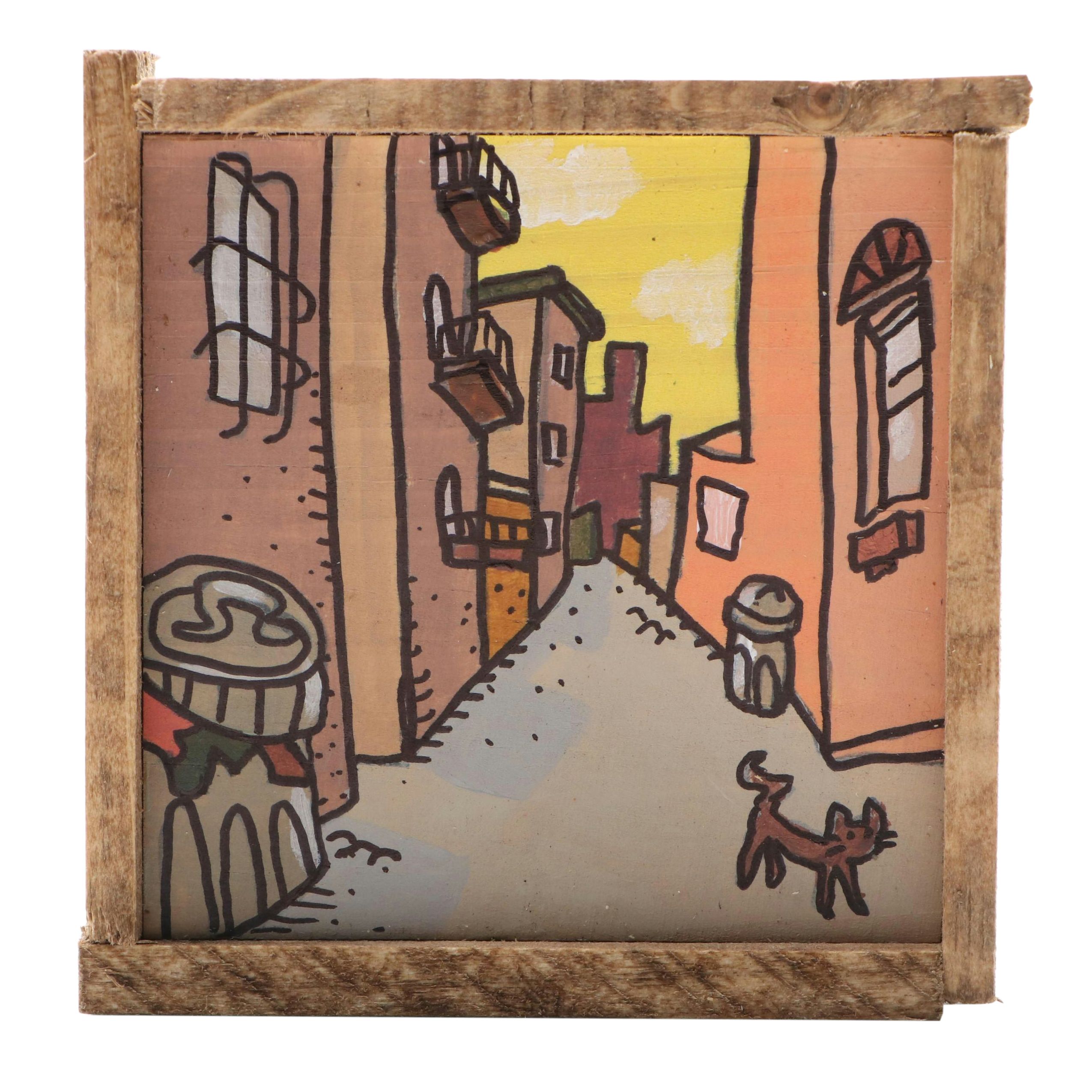 Aaron Wooten Stylized Mixed Media Painting "The Alley," 2025