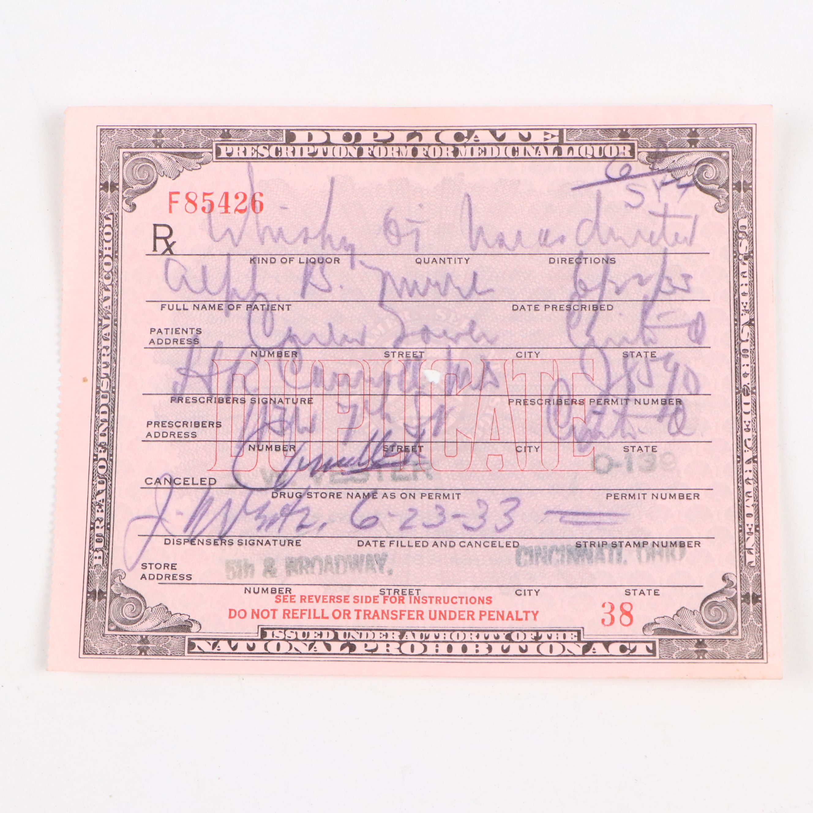 Prohibition Era Whisky Prescription Form with Reproduction Sign