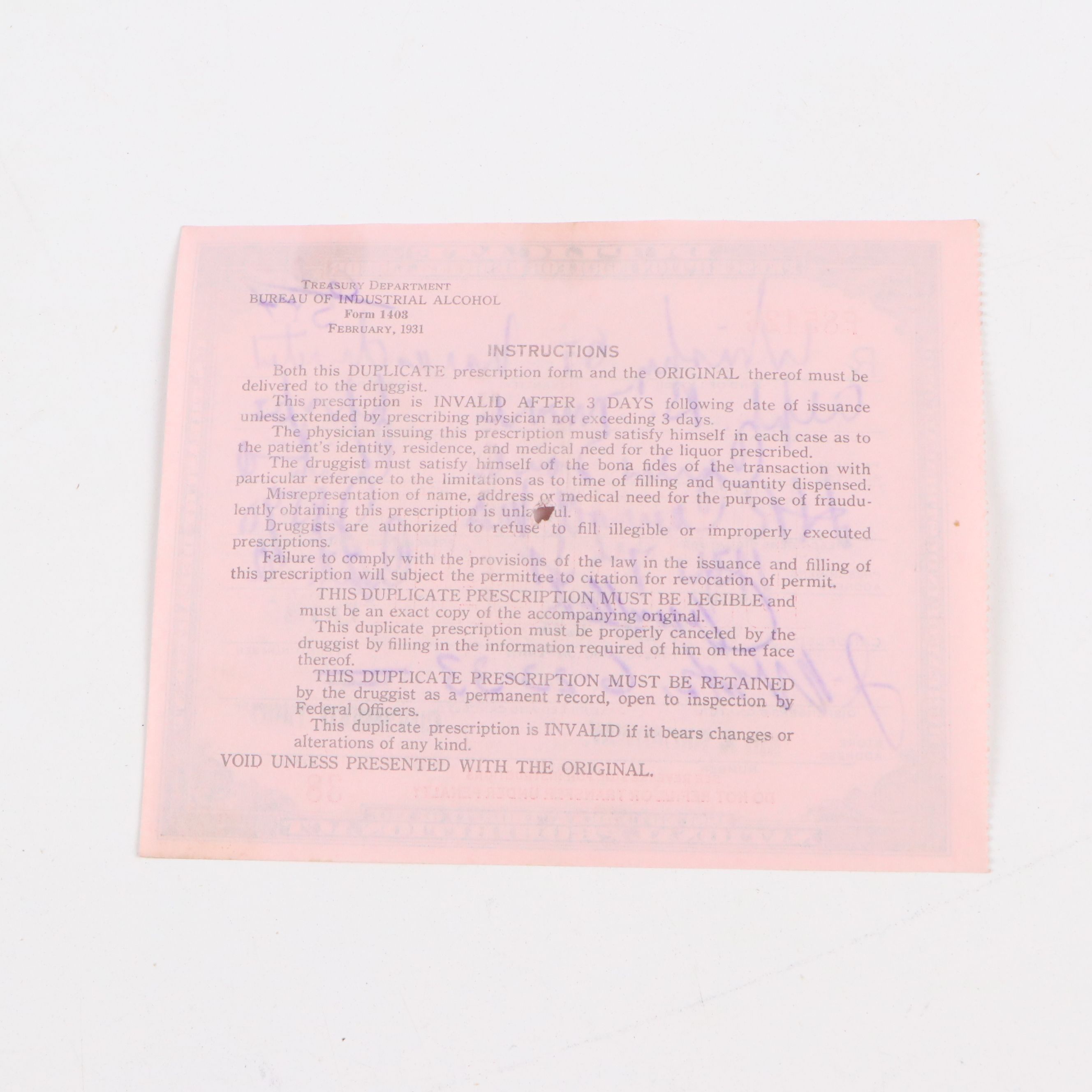 Prohibition Era Whisky Prescription Form with Reproduction Sign