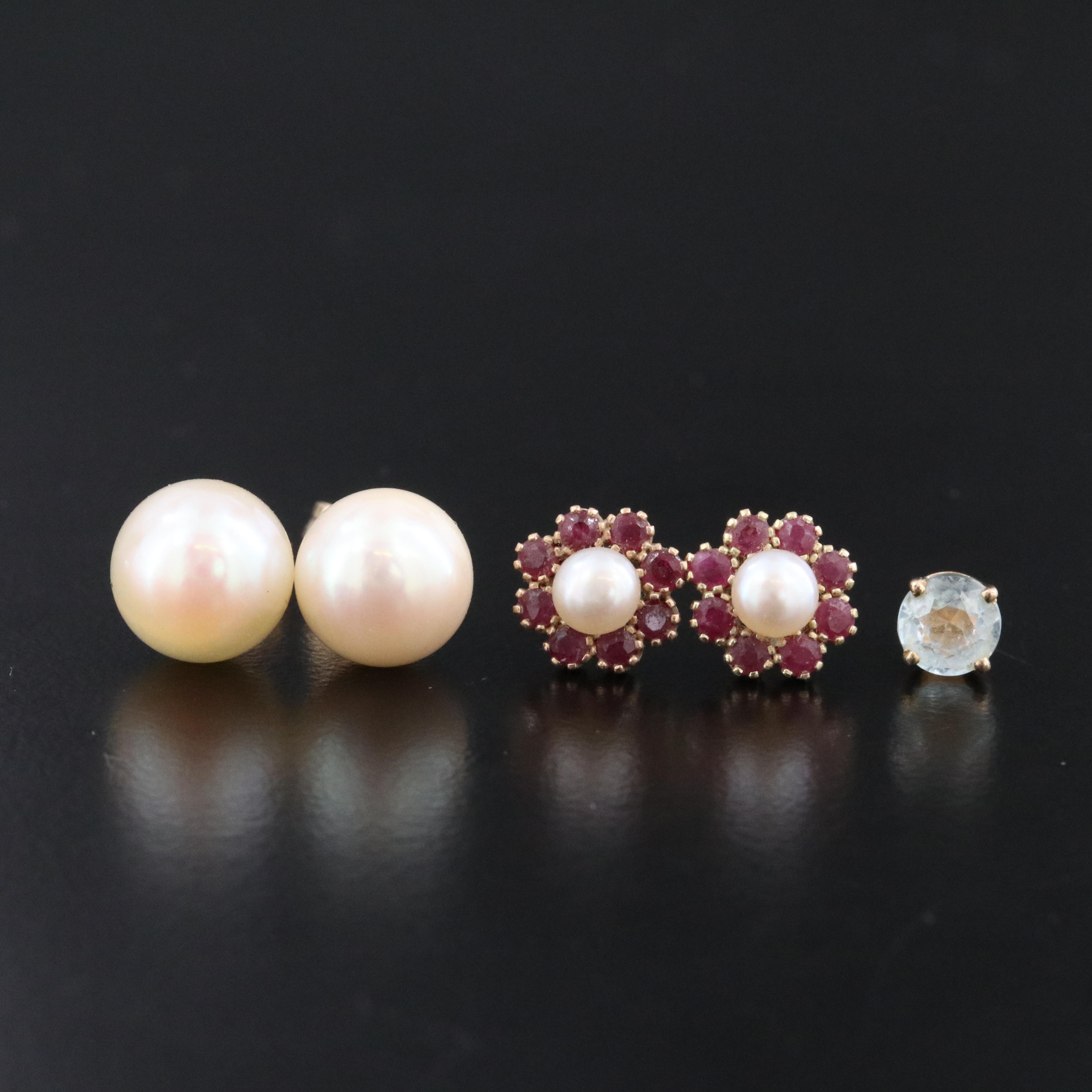 14K Pearl and Ruby Earrings and Single Solitaire Aquamarine Stud Earring