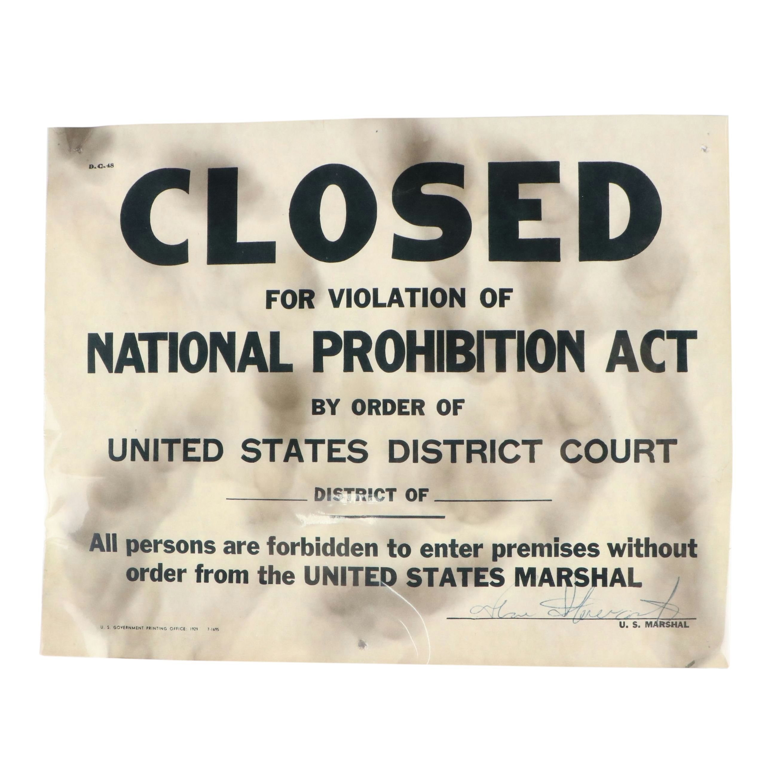 "Closed for Violation of National Prohibition Act" Paper Sign