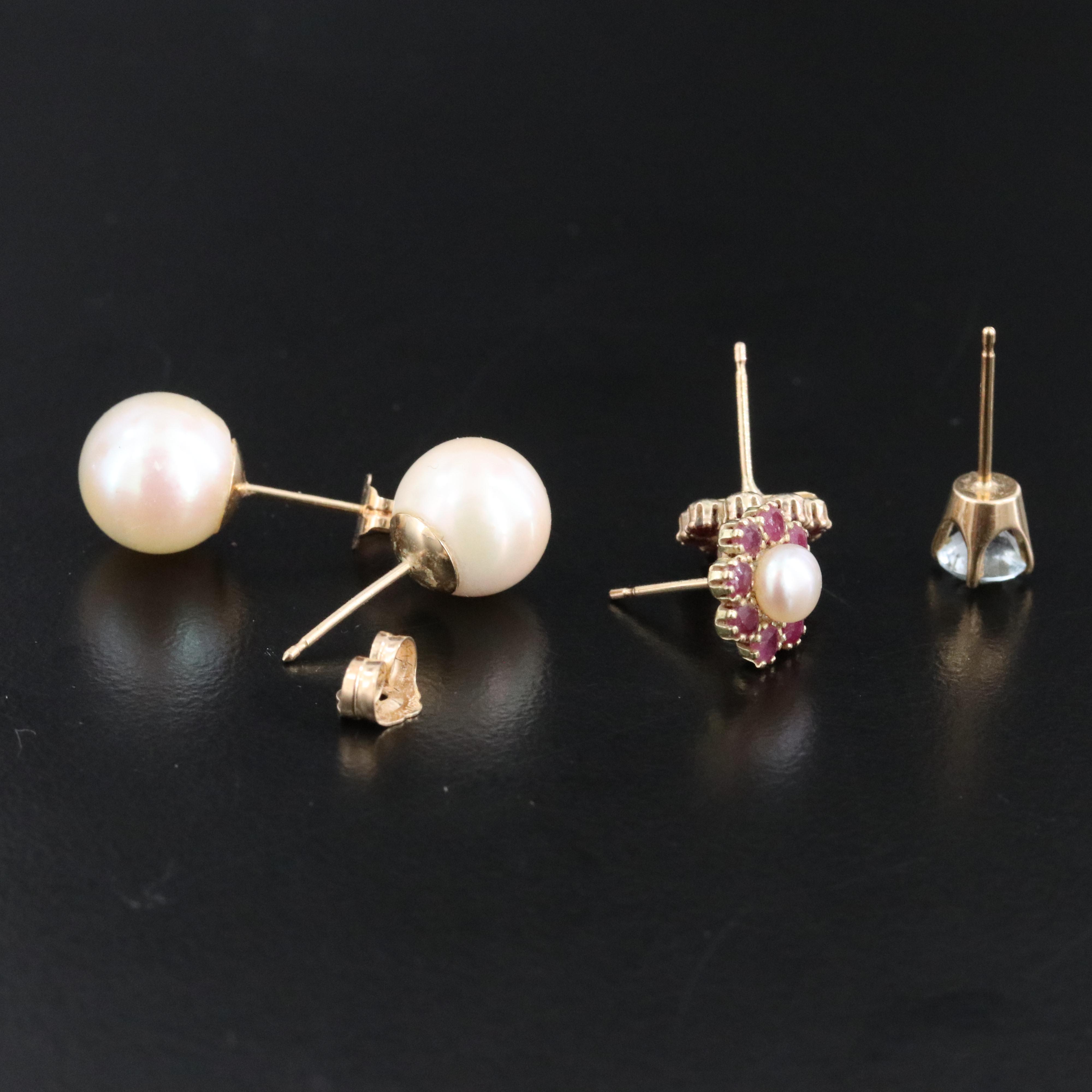 14K Pearl and Ruby Earrings and Single Solitaire Aquamarine Stud Earring
