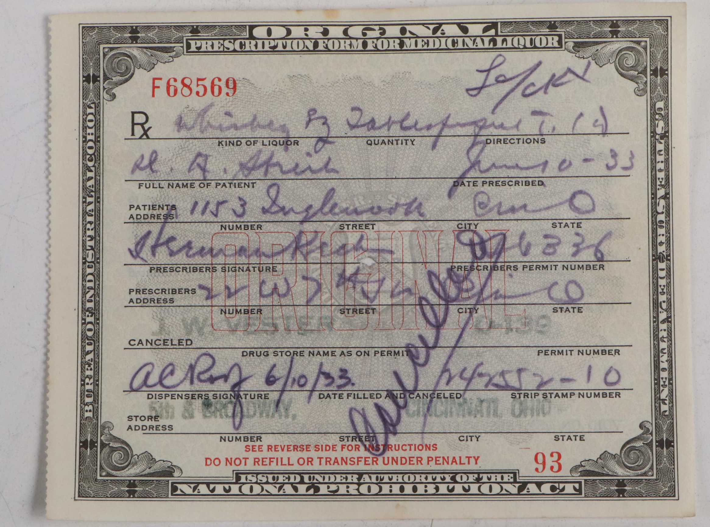 Prohibition Era Whisky Prescription Form with Reproduction Sign