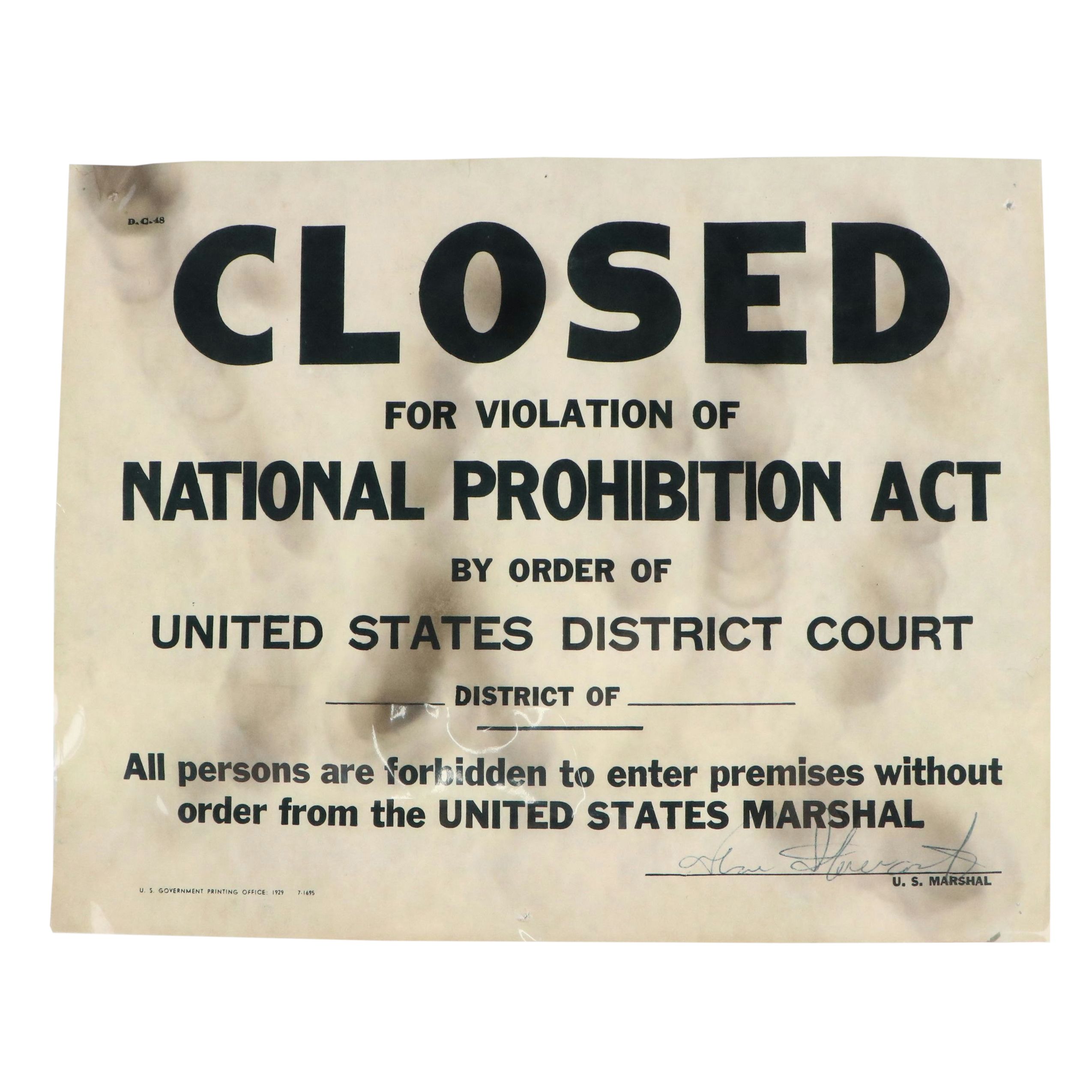 "Closed for Violation of National Prohibition Act" Paper Sign