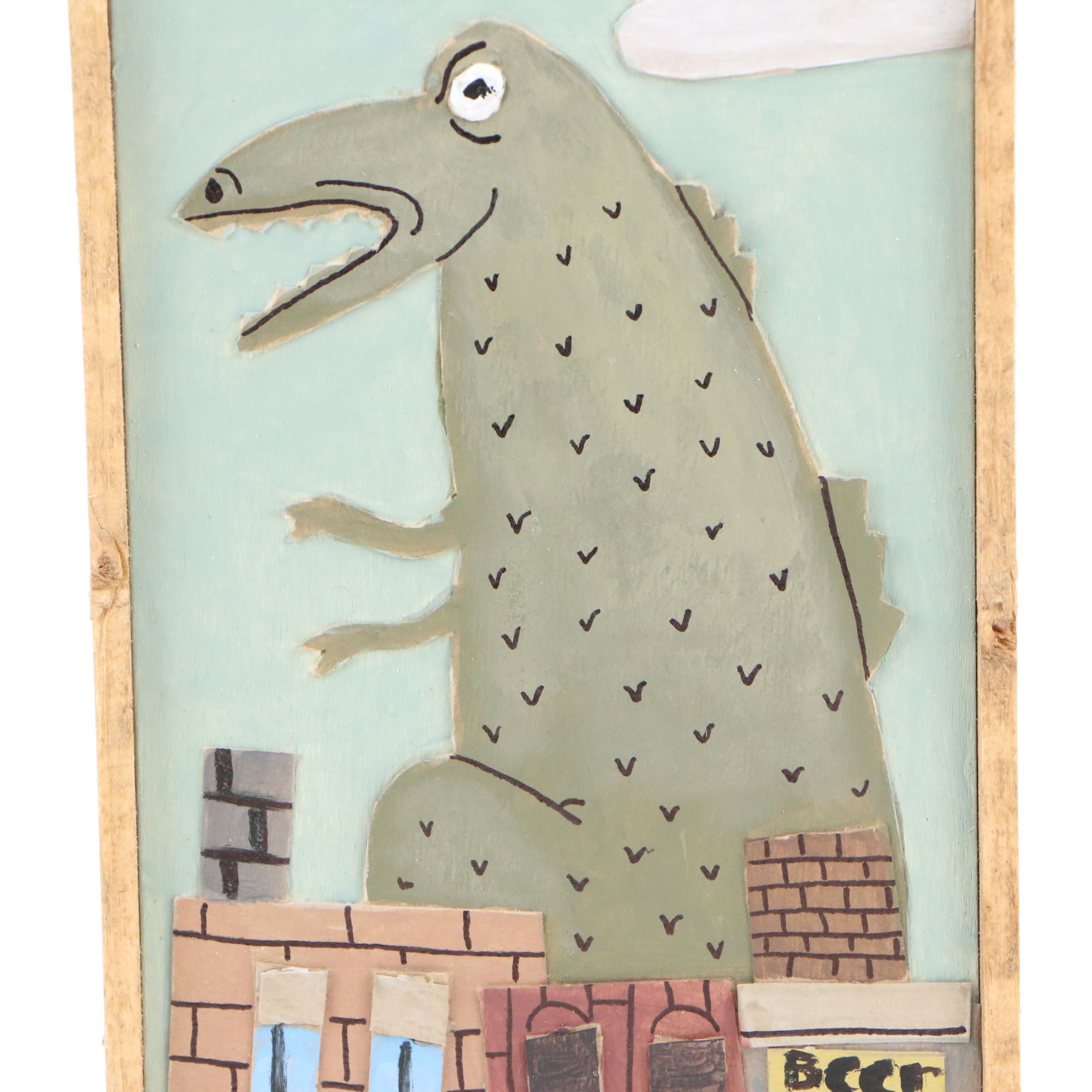 Aaron Wooten Dimensional Surrealist Mixed Media Painting "Godzilla Attacks"