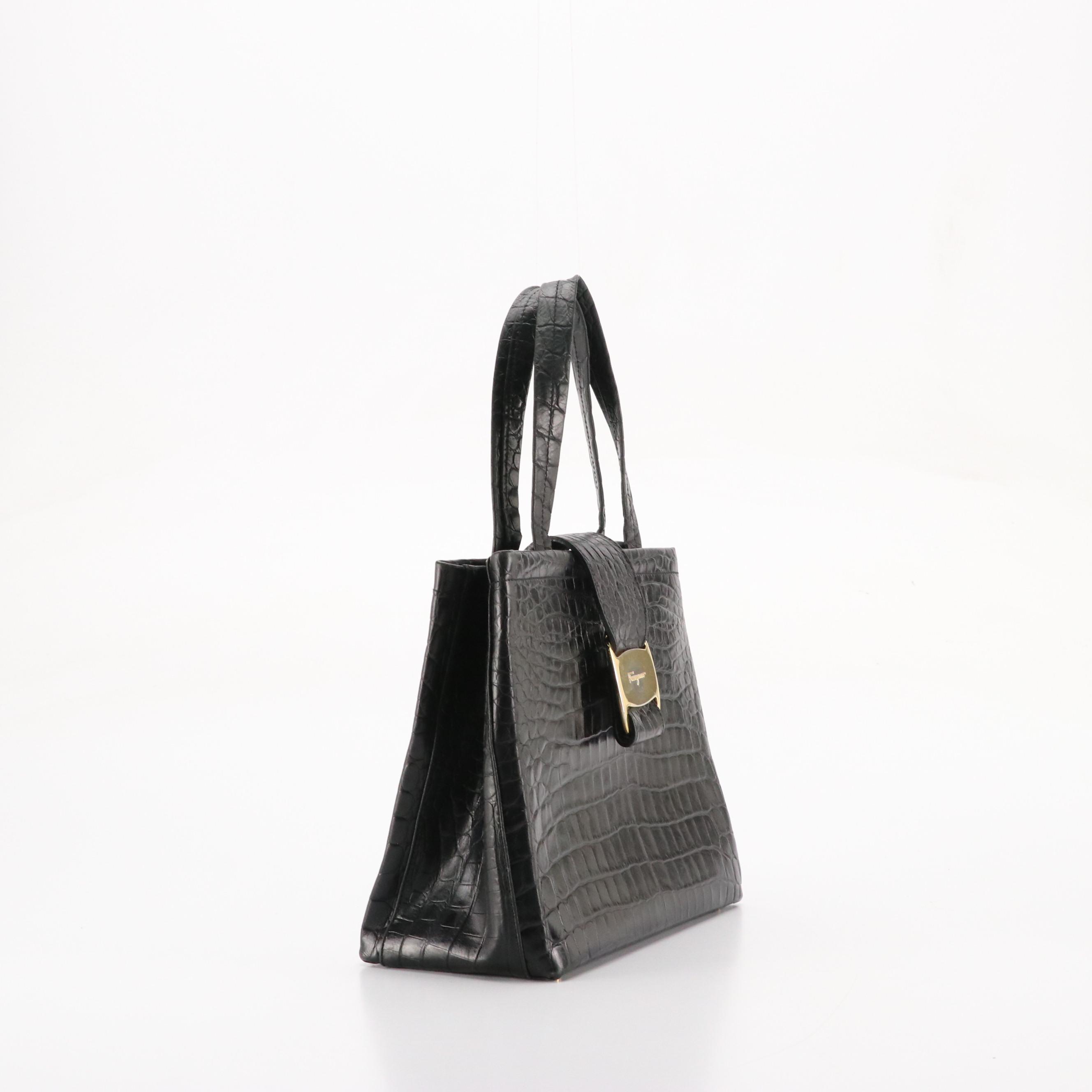 Salvatore Ferragamo Handbag in Black Croc Embossed Leather