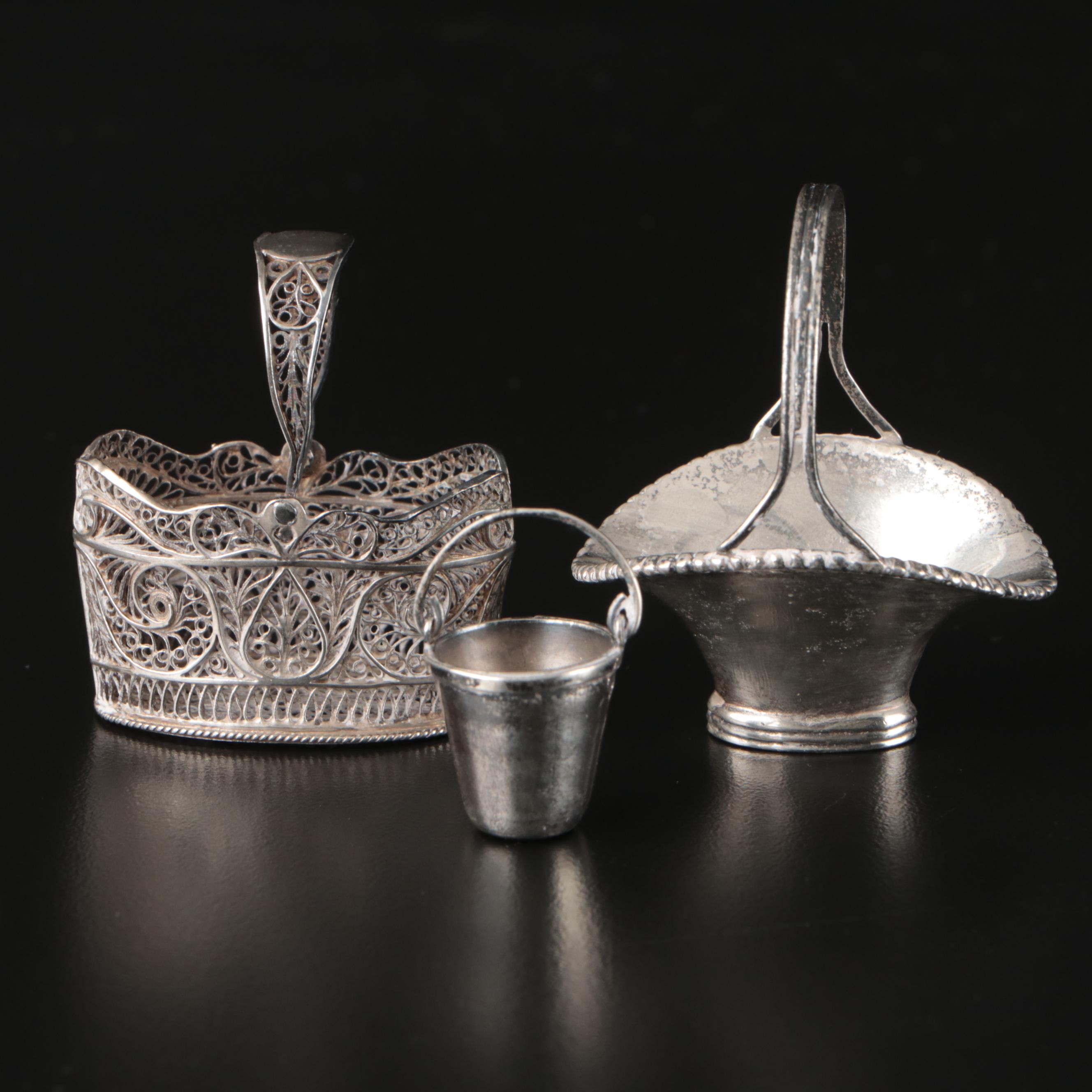 Miniature Sterling Silver Filigree and Other Baskets and Bucket