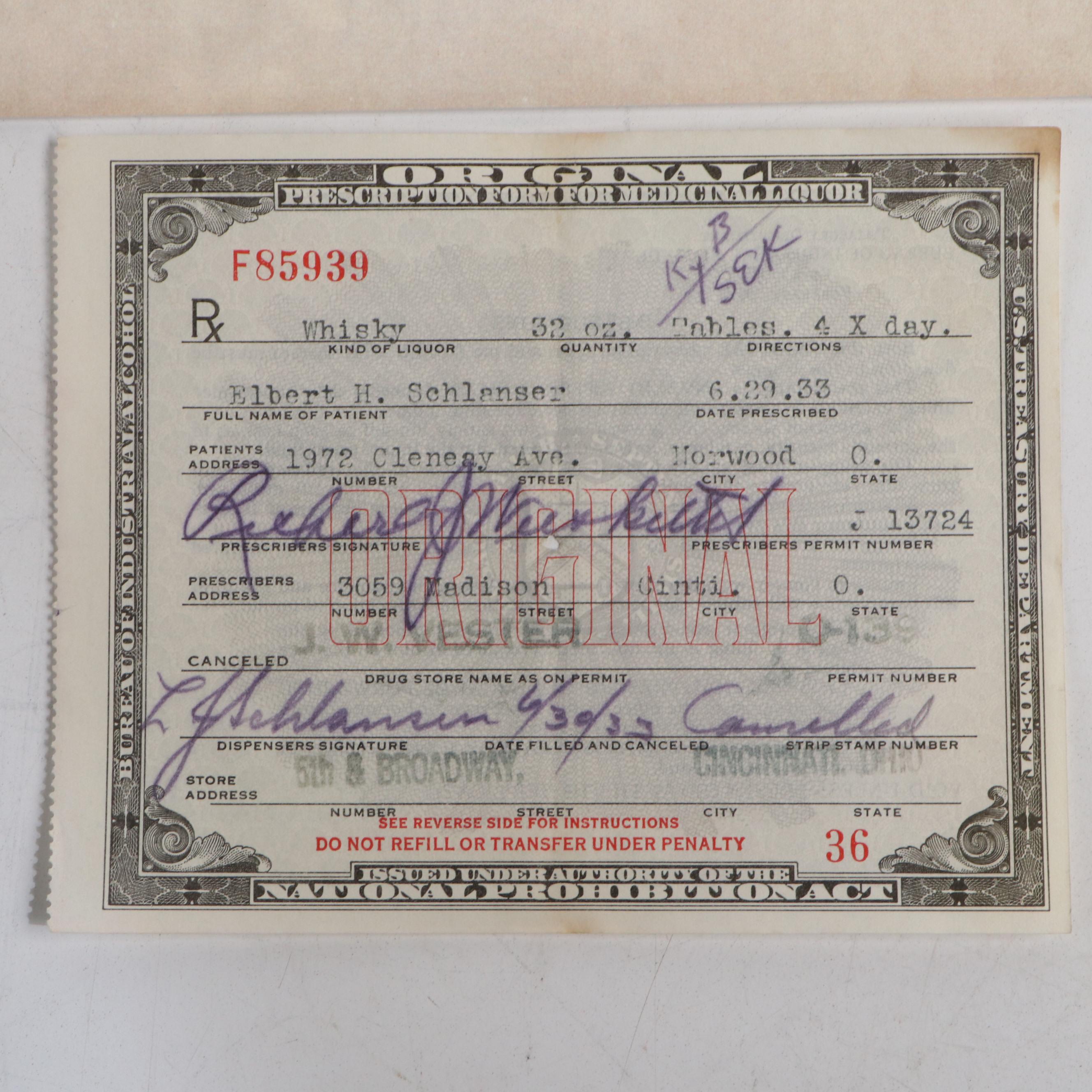 Prohibition Era Whisky Prescription Form with Reproduction Sign