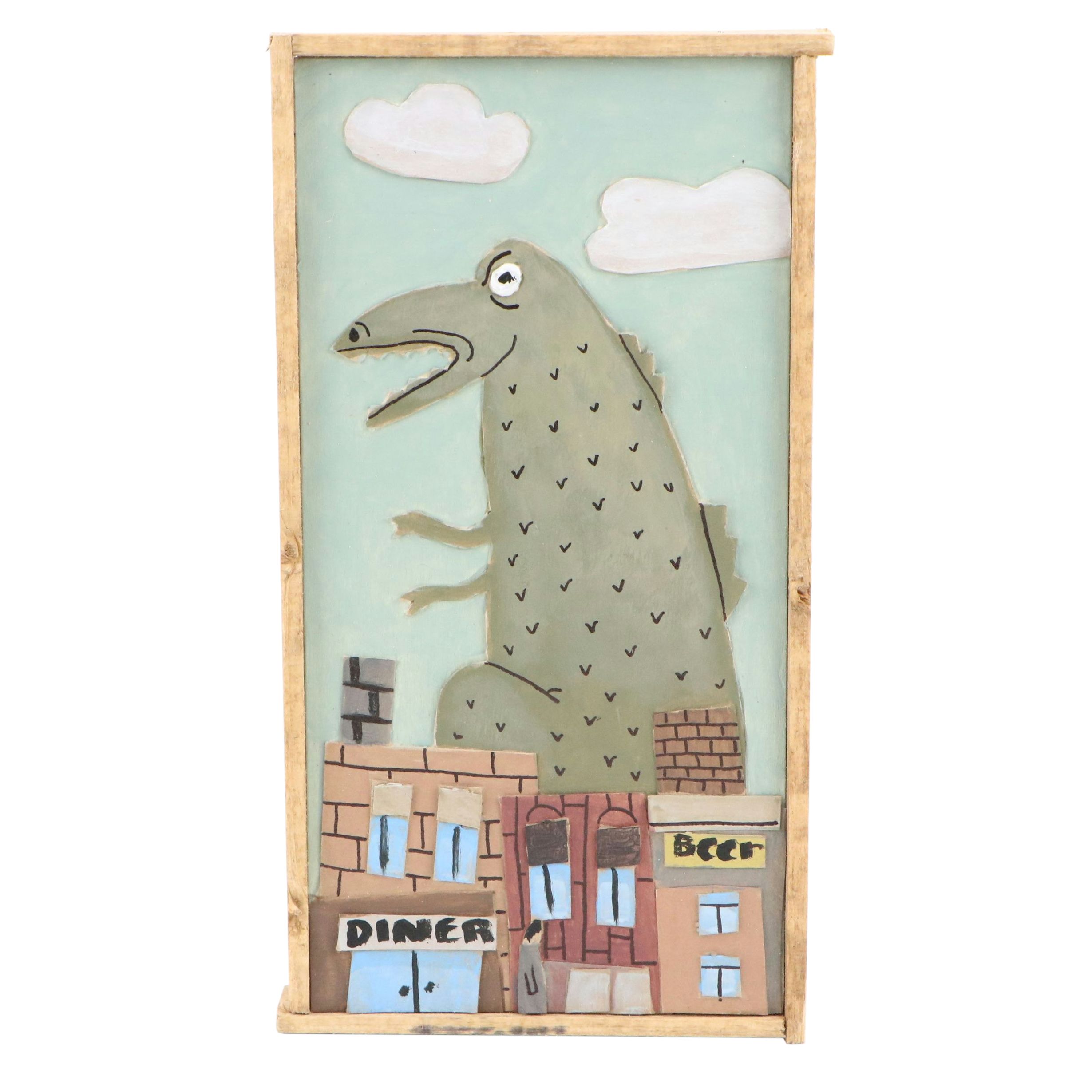 Aaron Wooten Dimensional Surrealist Mixed Media Painting "Godzilla Attacks"