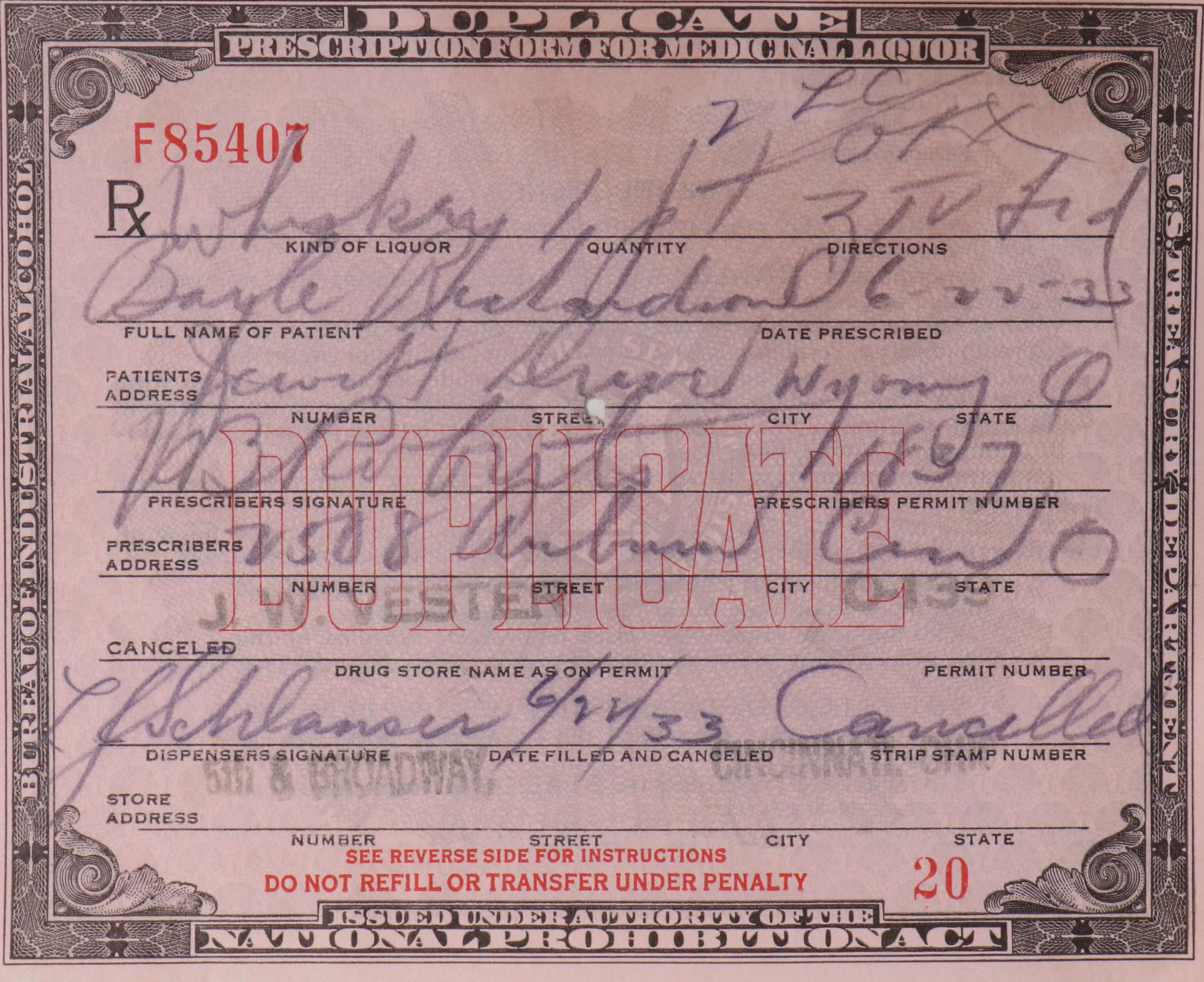 Prohibition Era Whisky Prescription Form with Reproduction Sign