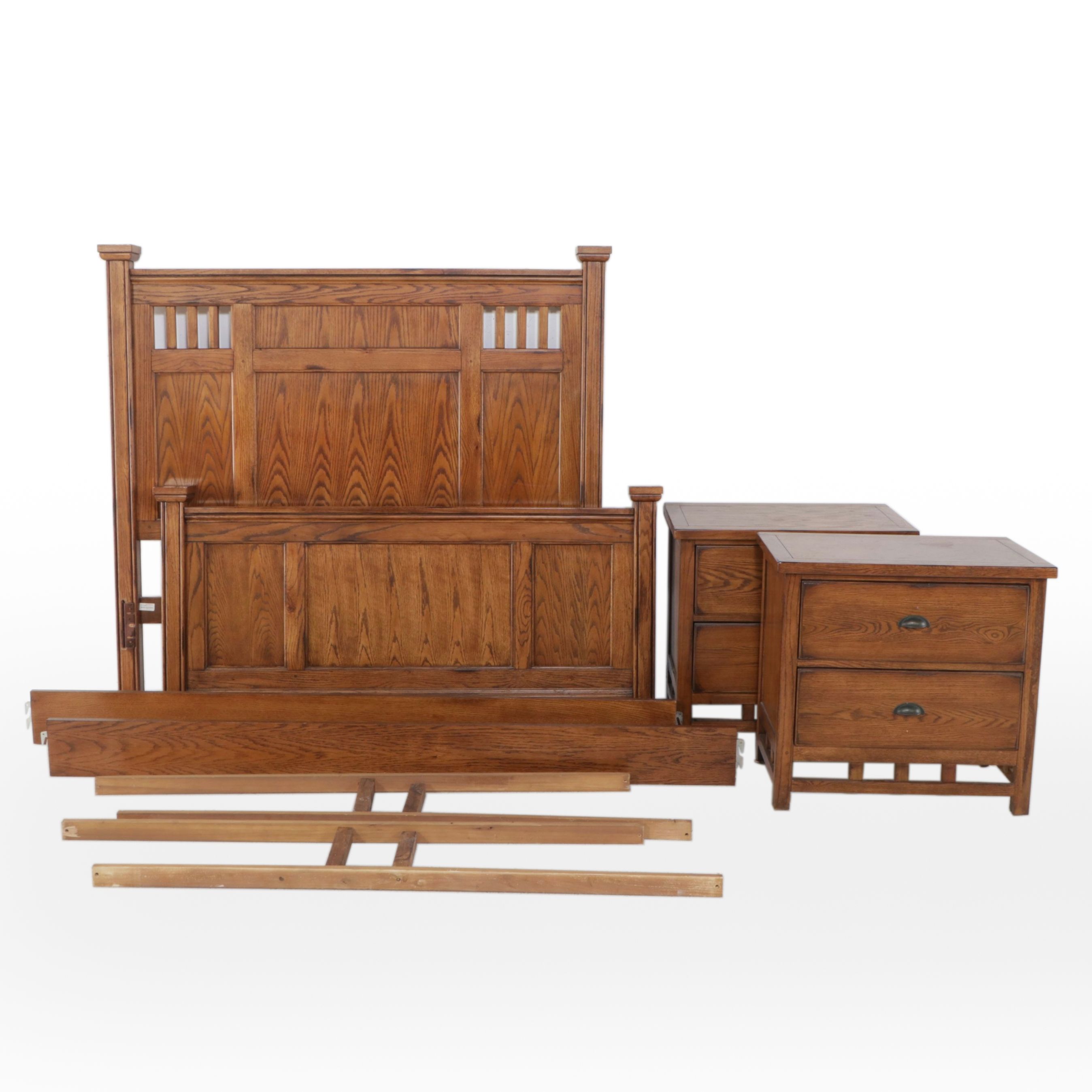 American Signature Craftsman Style Oak Queen Size Bed Frame and Nightstands