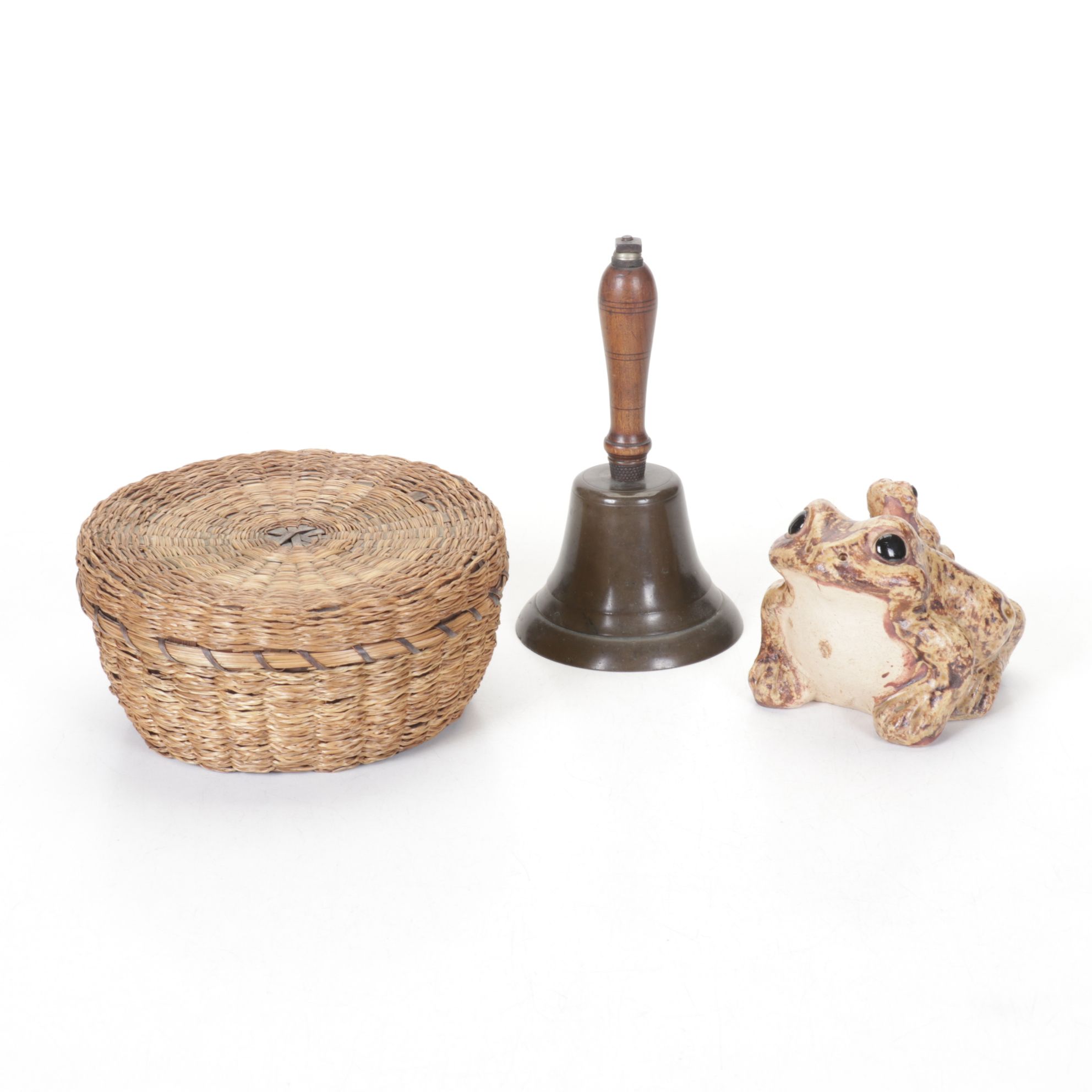 Brass School Bell, Pottery Frog, and Woven Lidded Basket