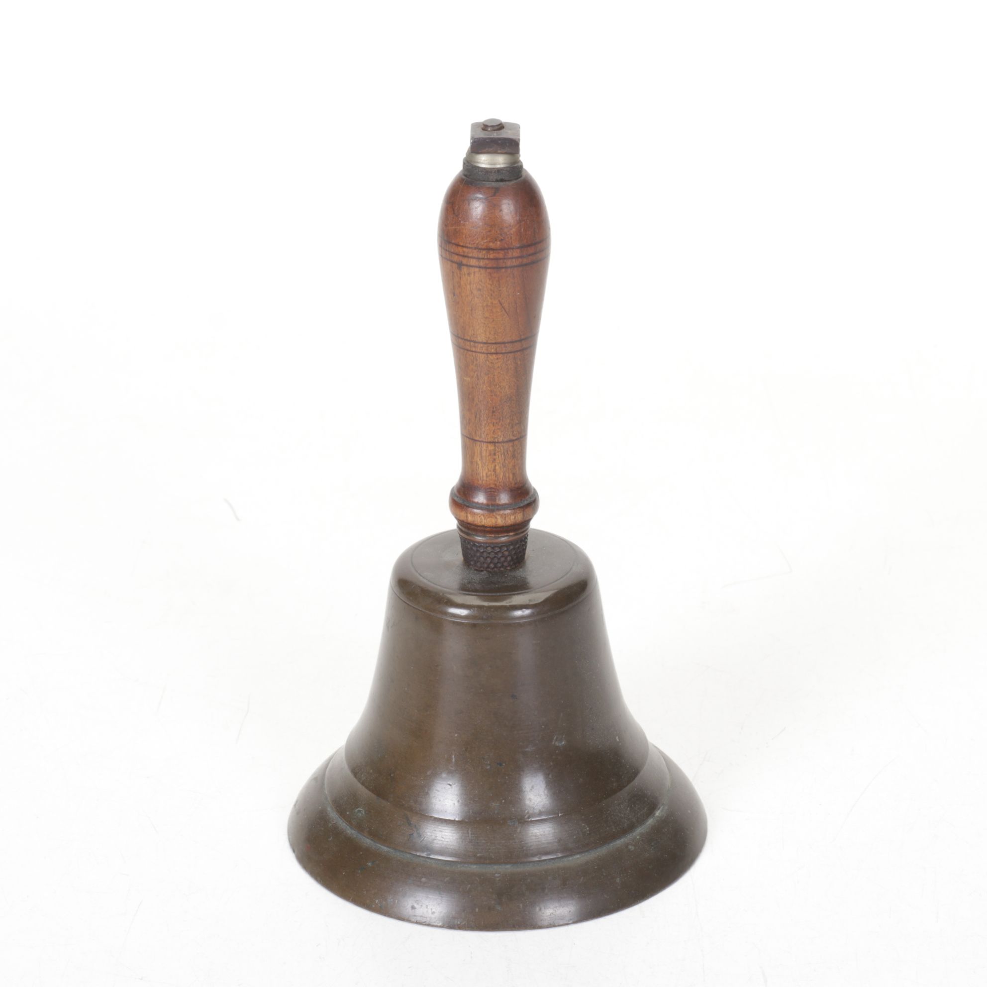 Brass School Bell, Pottery Frog, and Woven Lidded Basket