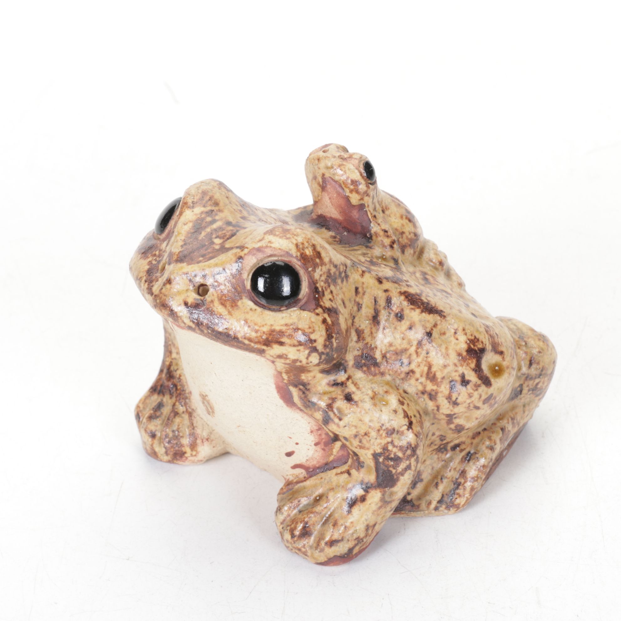 Brass School Bell, Pottery Frog, and Woven Lidded Basket