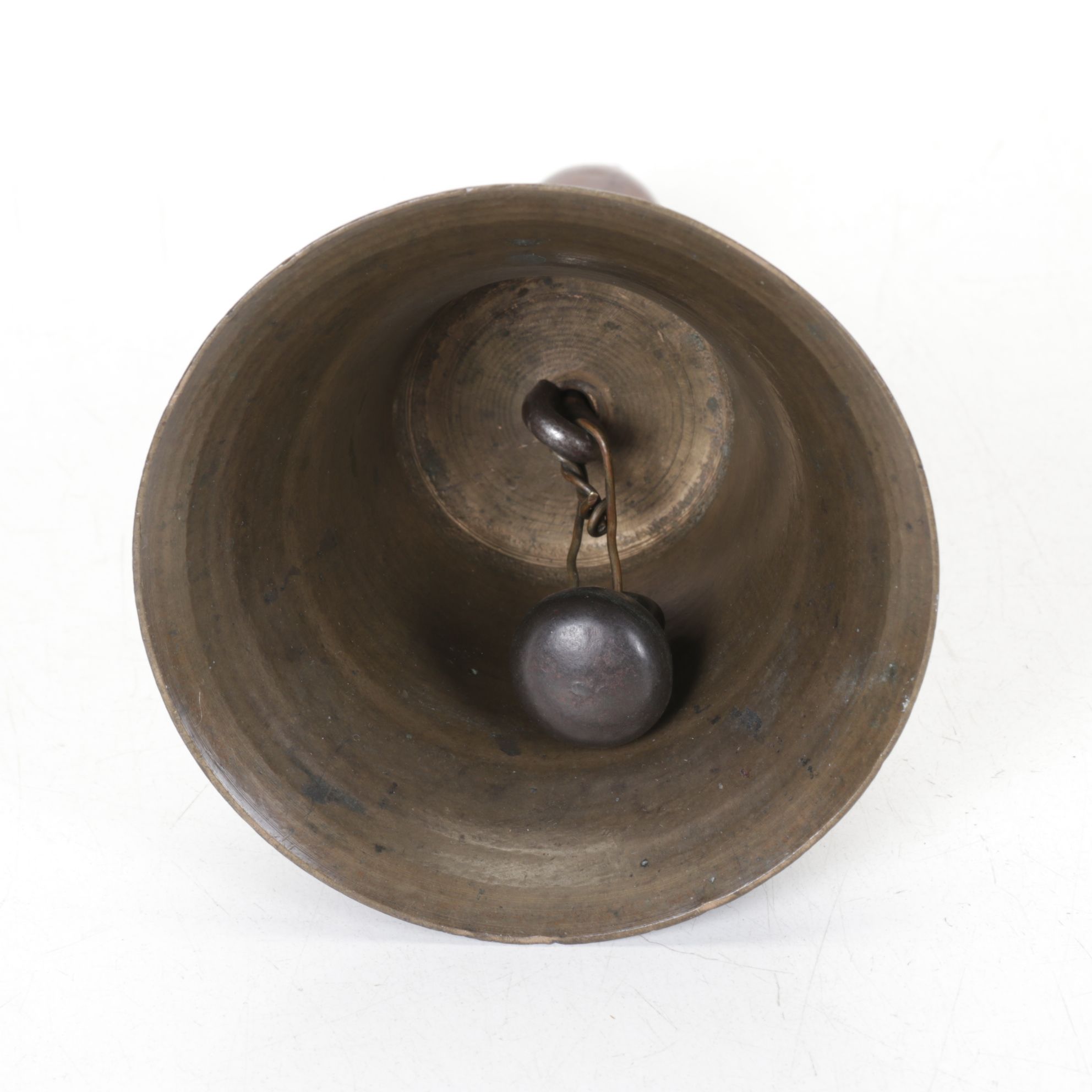 Brass School Bell, Pottery Frog, and Woven Lidded Basket